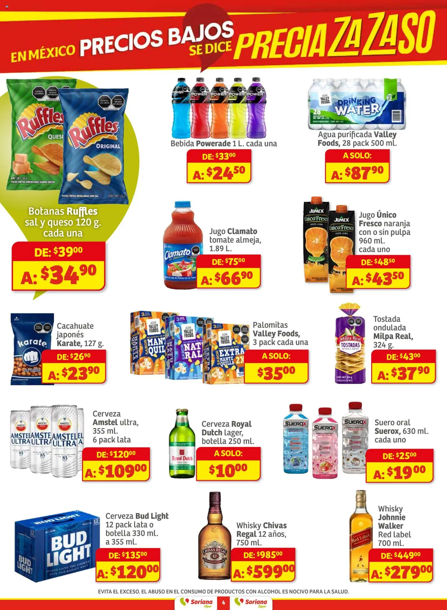 Nuevas ofertas de Soriana válidas en toda la República Mexicana desde el 27.11.2025. ¡Encuentra las mejores ofertas en Soriana - Preciazazaso Híper: Frontera Chih, Coah, Tamaulipas! | Página: 4 | Productos: Cacahuate, Queso, Cerveza, Botella