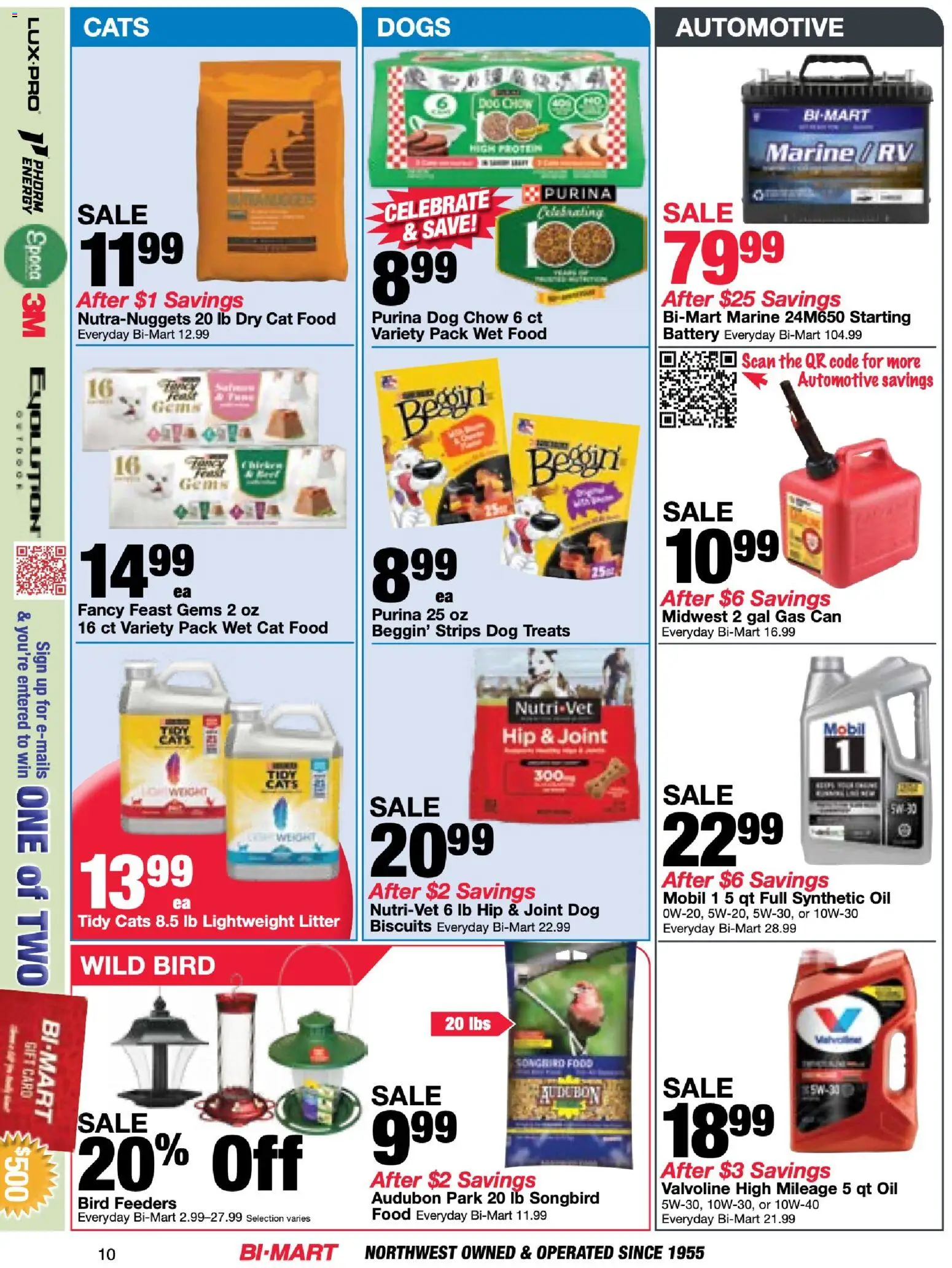 Bi-Mart Membership Savings Book - valid from 14.04.2026 | Page: 10 | Products: Battery, Dog Treats, Cat Food, Oil