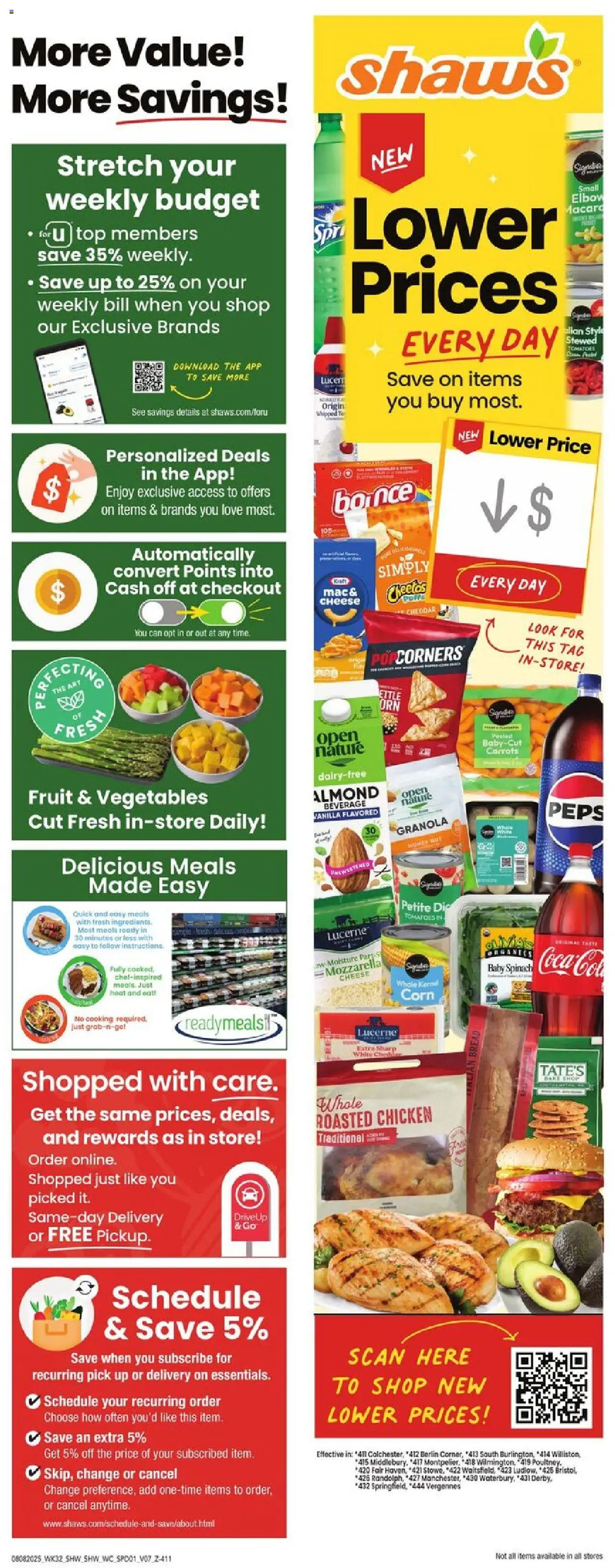 Shaw's Weekly Ad - VT - valid from 08.08.2025 | Page: 1 | Products: Corn, Cheese, Tomatoes, Vegetables
