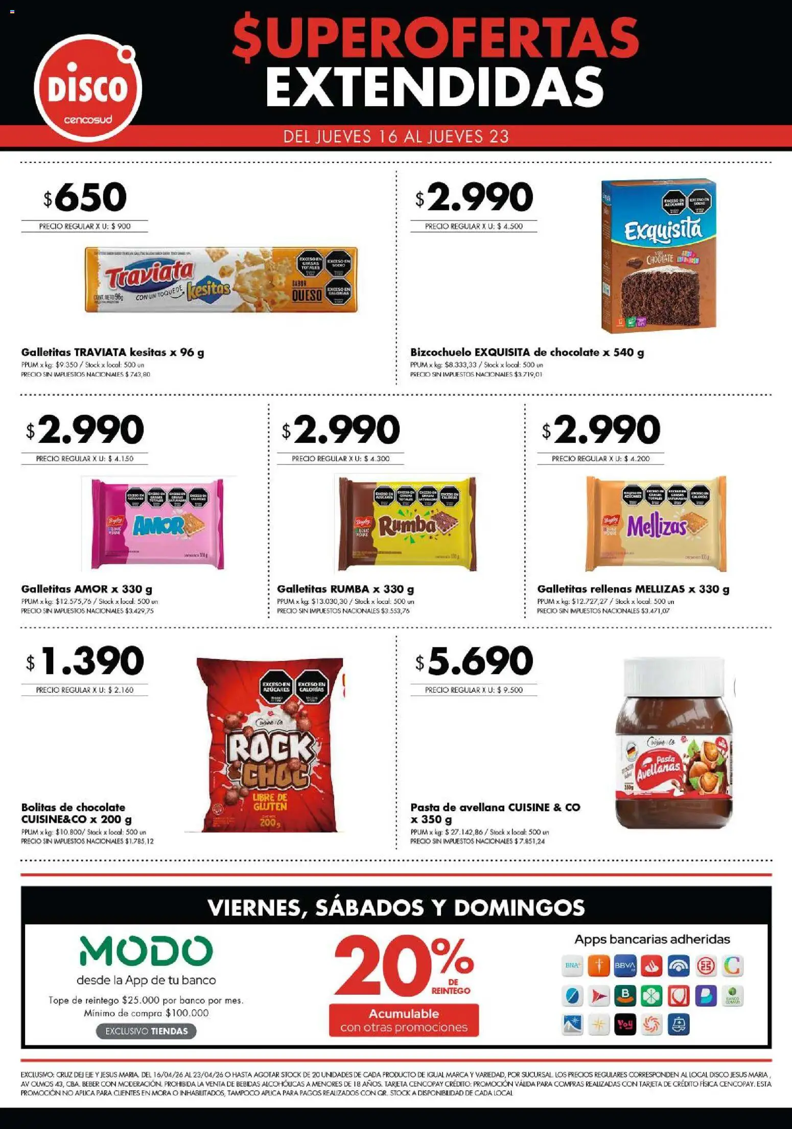 Disco - Super Ofertas Extendidas 16.04 Cruz del Eje y Jesus Maria │ válido desde el 16.04.2026 | Página: 2 | Productos: Galletitas, Queso, Chocolate, Pasta