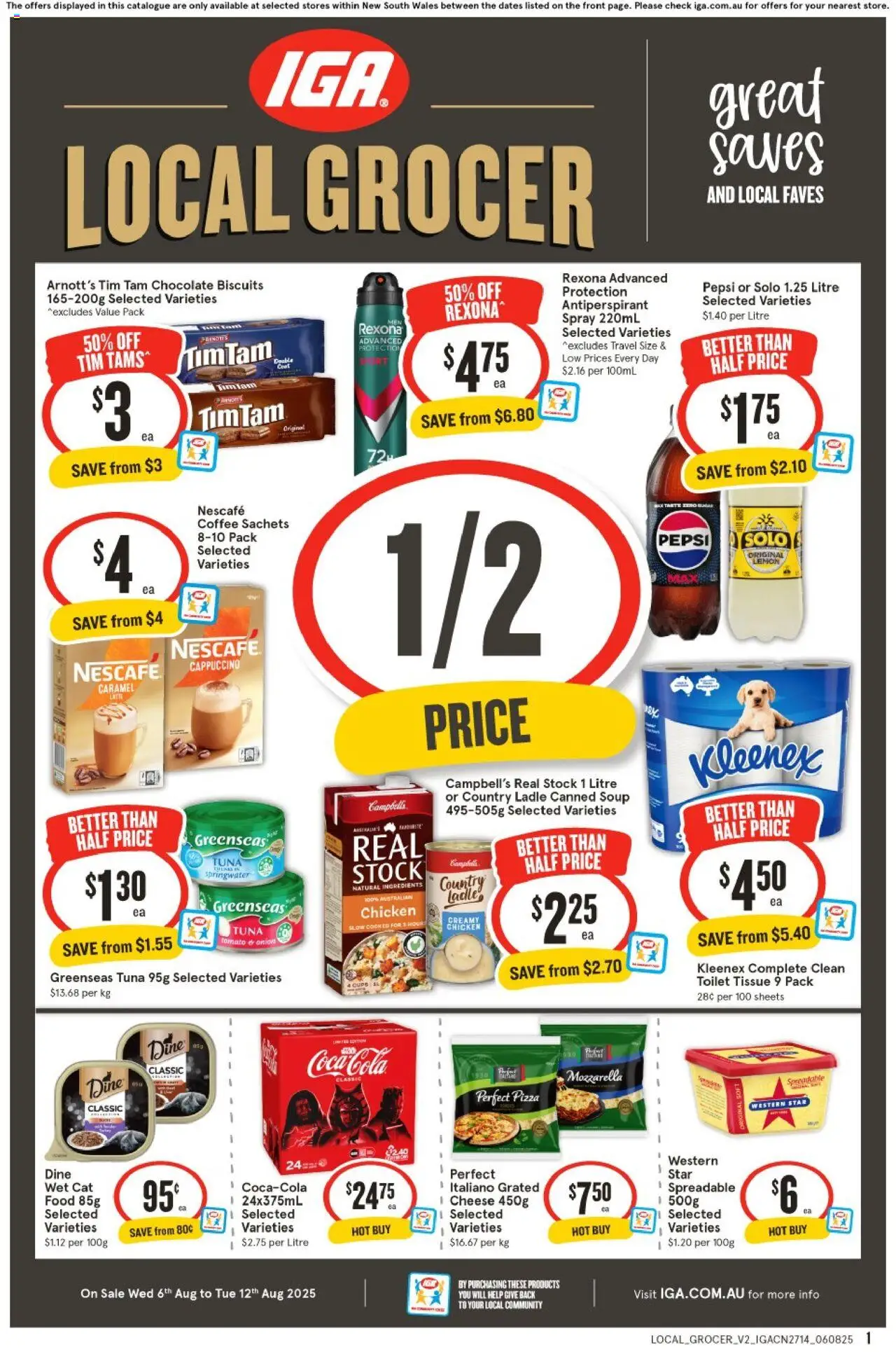 IGA catalogue - valid from 06.08.2025 | Page: 1 | Products: Coffee, Pepsi, Biscuits, Soup