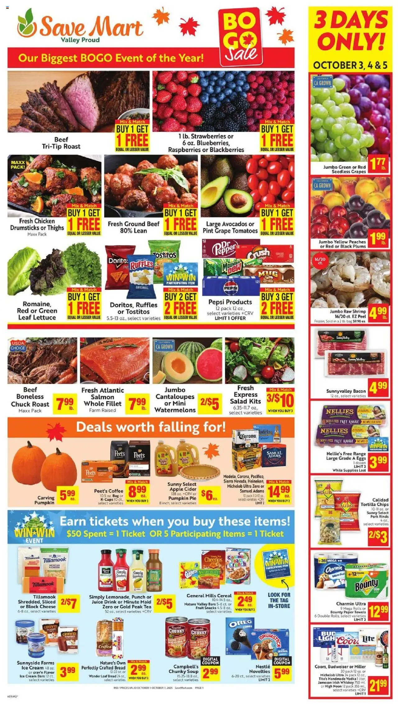 Save Mart Weekly Ad - valid from 01.10.2025 | Page: 1 | Products: Juice, Beef, Ice cream, Bag