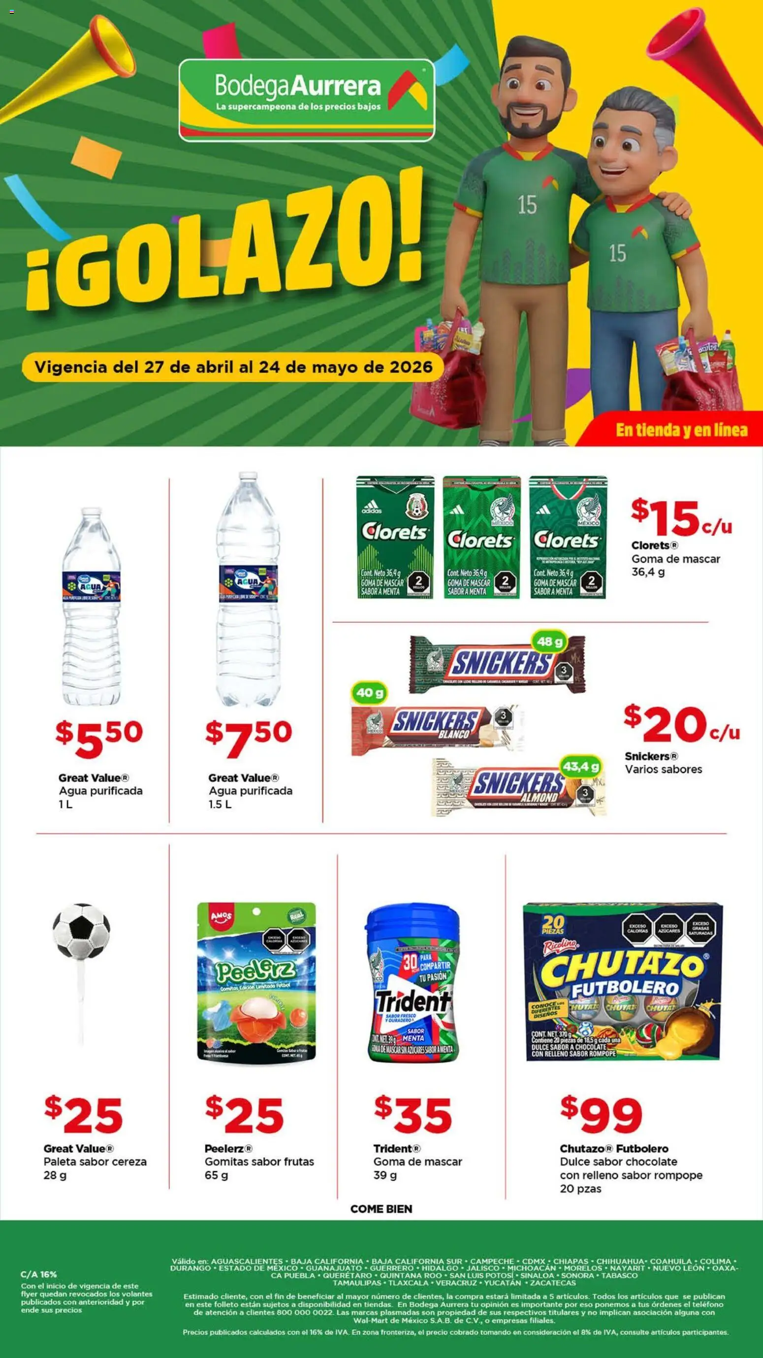 Nuevas ofertas de Bodega Aurrerá válidas en toda la República Mexicana desde el 27.04.2026. ¡Encuentra las mejores ofertas en Bodega Aurrerá folleto Golazo! | Página: 10 | Productos: Paleta, Agua, Chocolate, Teléfono