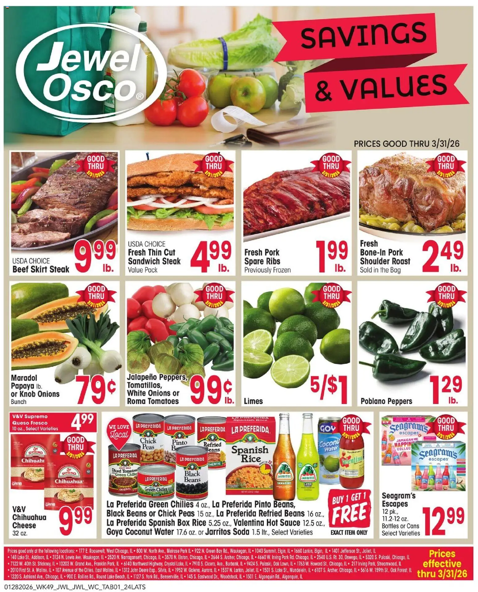 Jewel Osco Savings & Values - valid from 28.01.2026 | Page: 1 | Products: Tomatoes, Rice, Beef, Bag