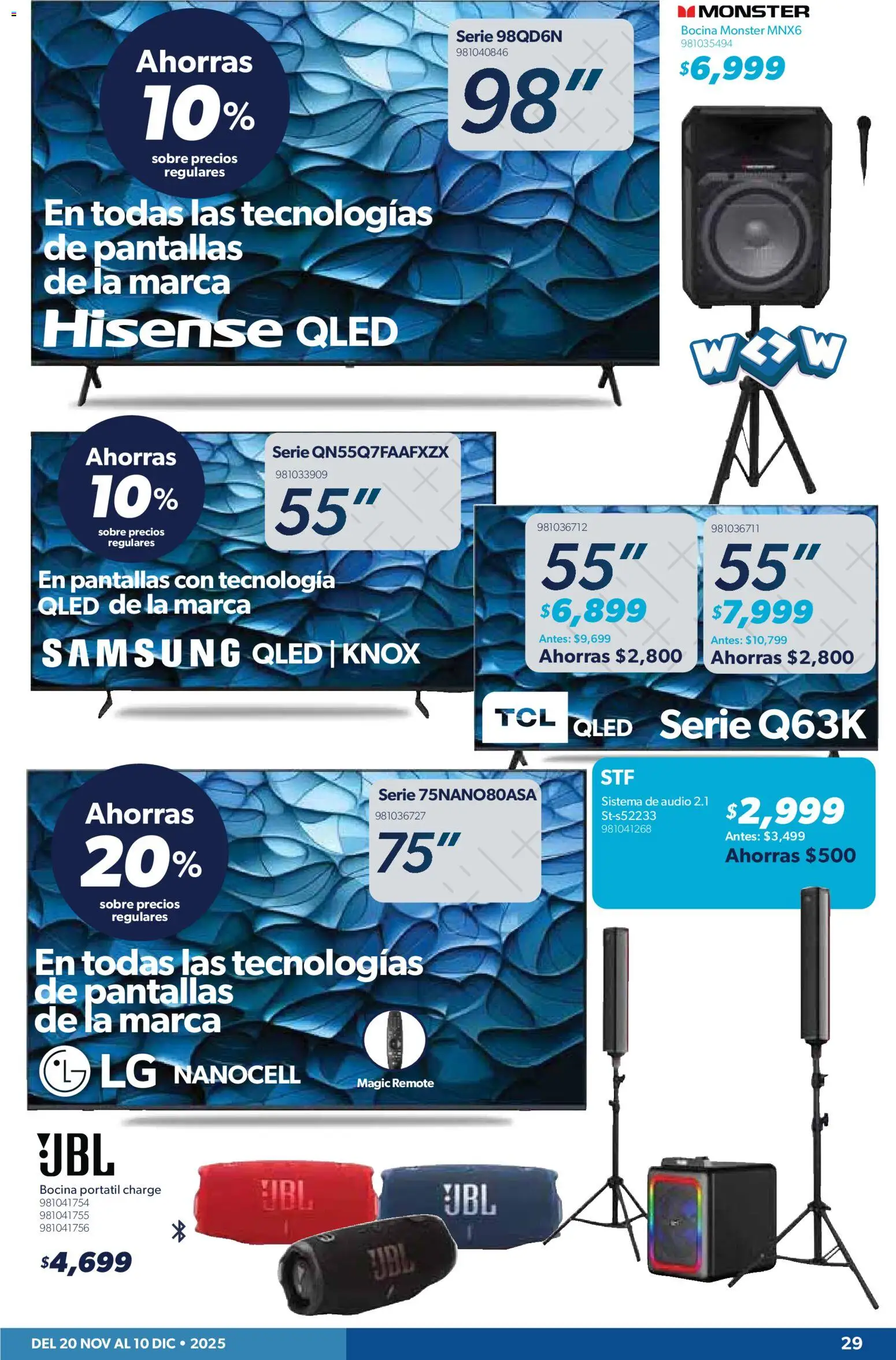 Nuevas ofertas de Sam's Club válidas en toda la República Mexicana desde el 20.11.2025. ¡Encuentra las mejores ofertas en Sam's Club catálogo! | Página: 29 | Productos: Pantallas, Audio, Bocina, Sobre