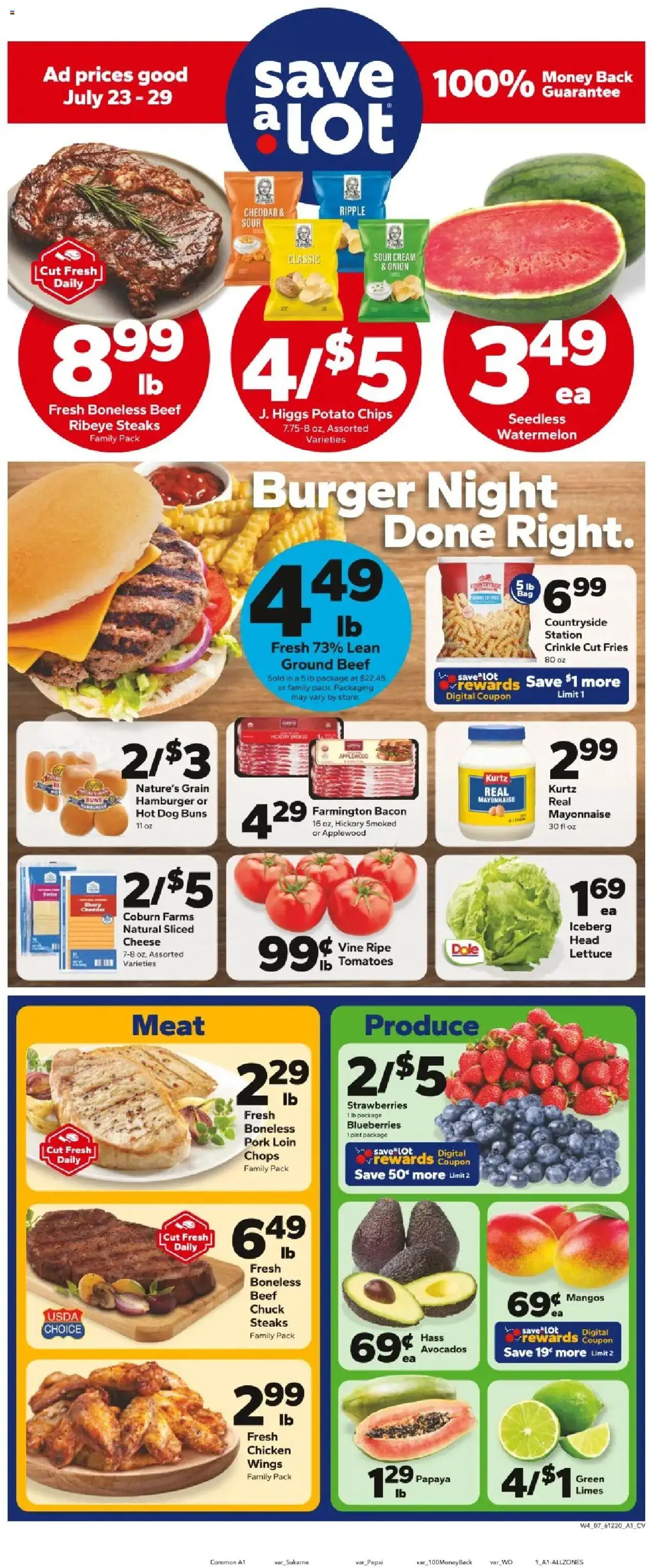 Save a Lot Weekly Ad - valid from 23.07.2025 | Page: 1 | Products: Cheese, Beef, Chips, Watermelon