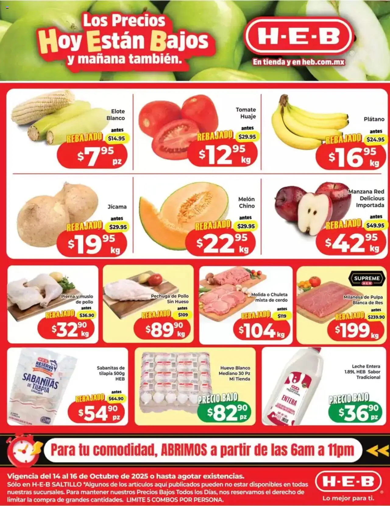 Nuevas ofertas de H-E-B válidas en toda la República Mexicana desde el 14.10.2025. ¡Encuentra las mejores ofertas en H-E-B - Folleto Los Precios Hoy Están Bajos! | Página: 1 | Productos: Plátano, Tomate, Huevo, Cerdo