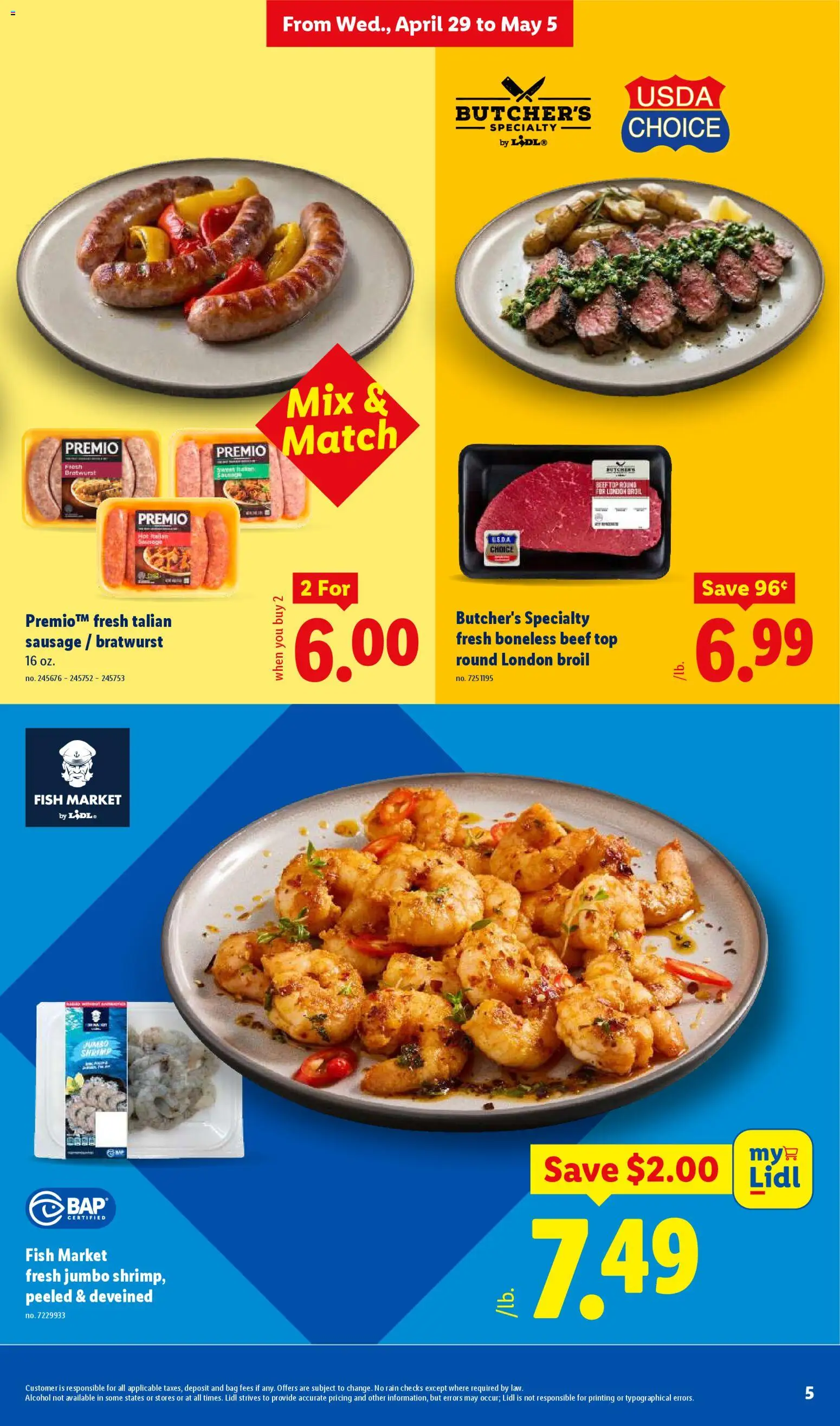 Lidl Weekly Ad - valid from 29.04.2026 | Page: 5 | Products: Fish, Beef, Sausage, Bag