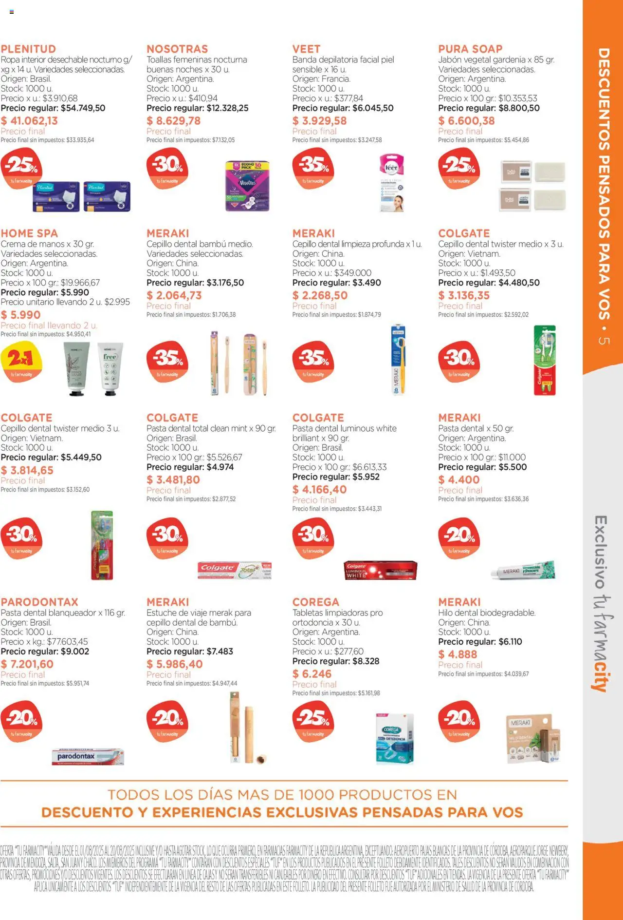 Farmacity catálogo │ válido desde el 01.08.2025 | Página: 5 | Productos: Toallas, Crema de manos, Ropa interior, Hilo dental