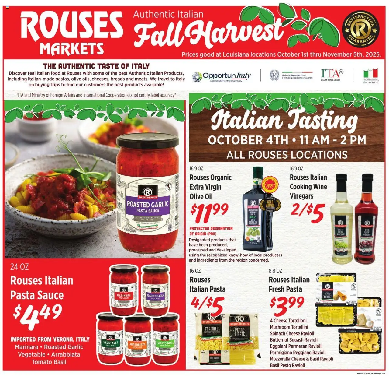 Rouses Italian Ad - valid from 01.10.2025 | Page: 1 | Products: Squash, Cheese, Sauce, Garlic