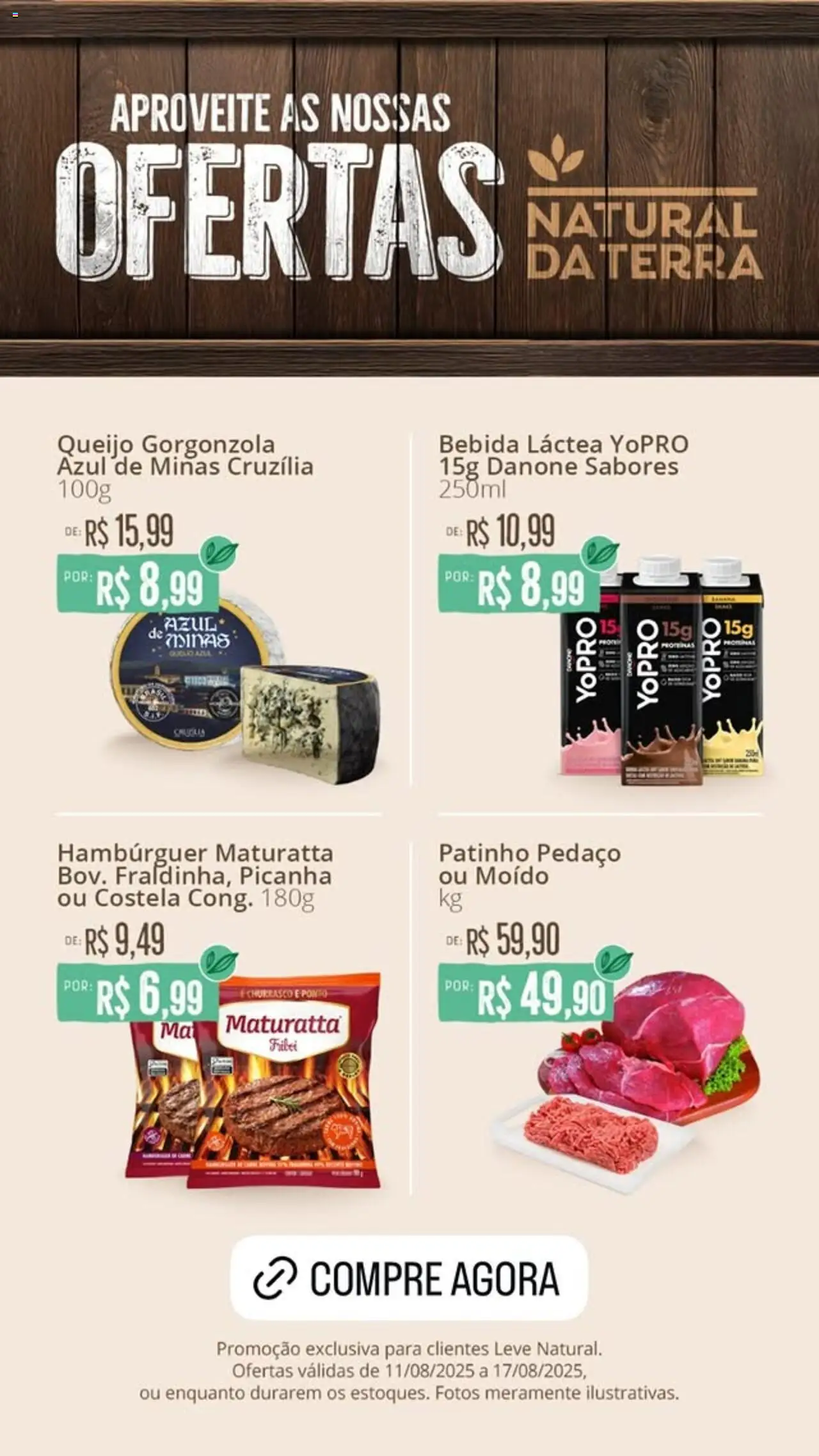 Natural da Terra Folheto - válido de 11.08.2025 | Página: 1 | Produtos: Picanha, Queijo, Hambúrguer, Bebida