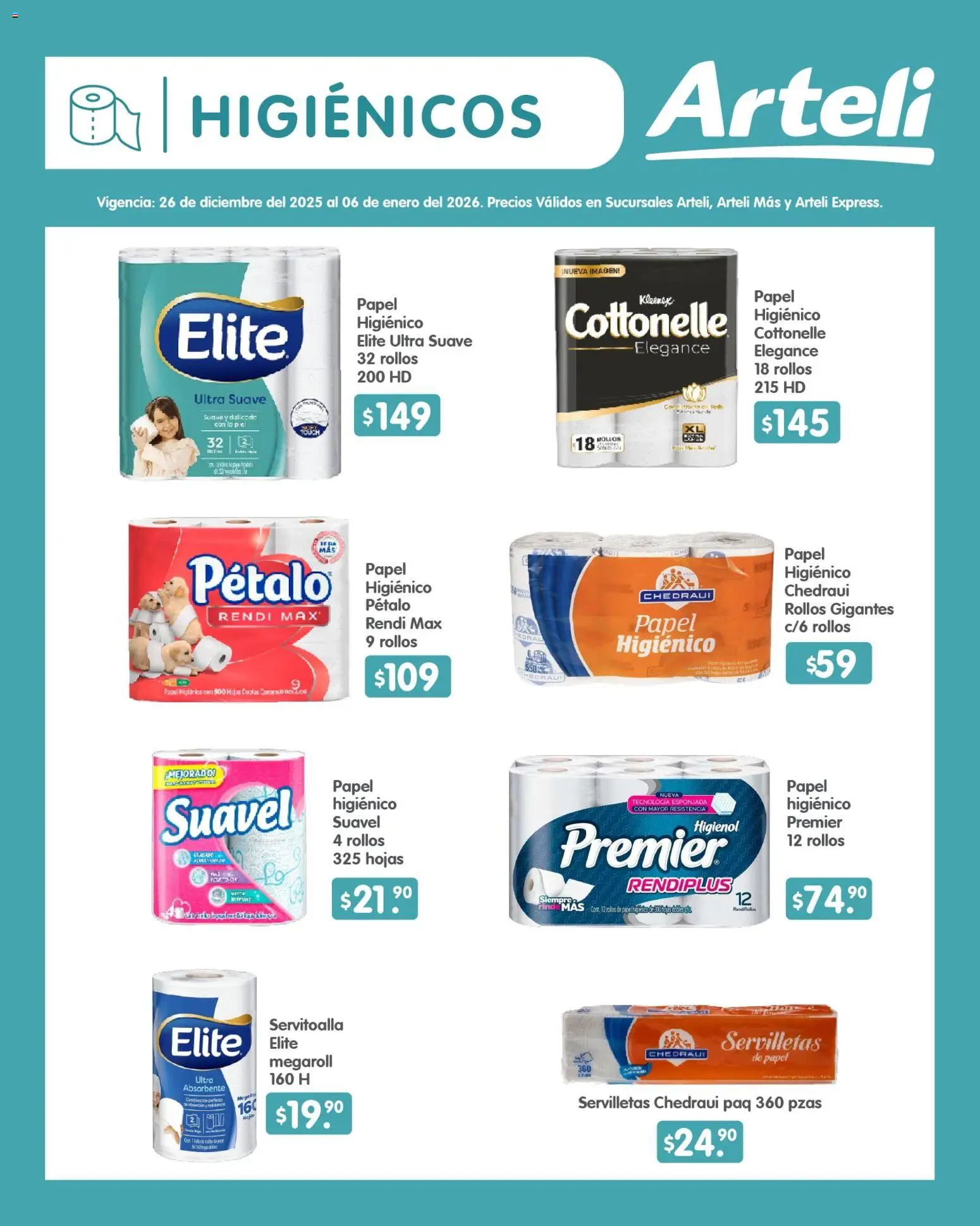 Nuevas ofertas de Arteli válidas en toda la República Mexicana desde el 26.12.2025. ¡Encuentra las mejores ofertas en Arteli folleto Quincenal! | Página: 15 | Productos: Papel higiénico, Servilletas