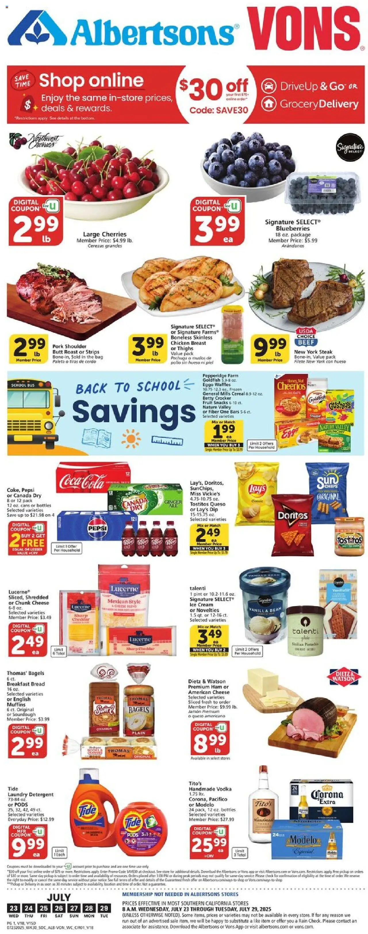 Vons Weekly Ad - valid from 23.07.2025 | Page: 1 | Products: Wc, Detergent, Ice cream, Blueberries