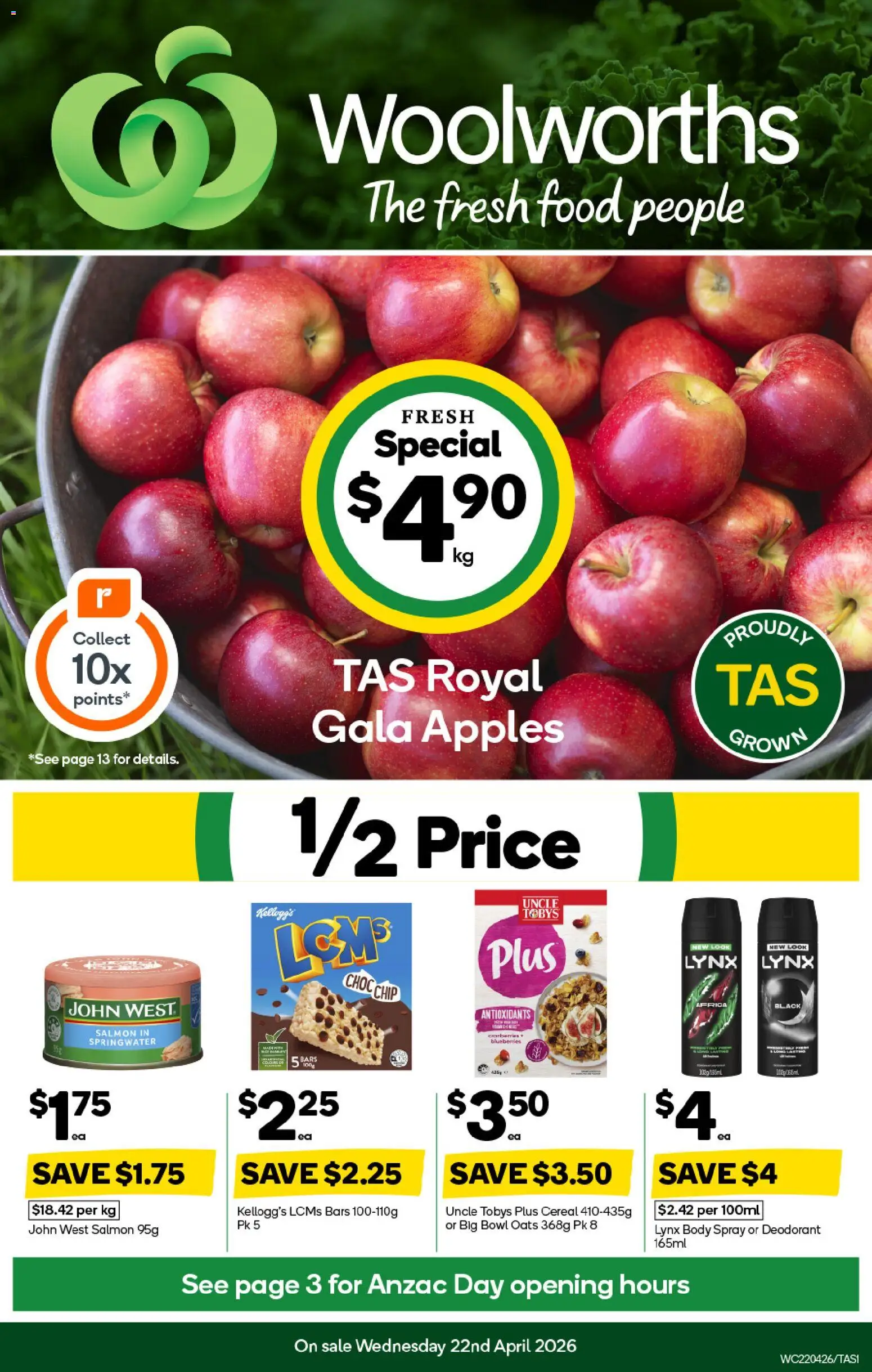 Woolworths catalogue - valid from 22.04.2026 | Page: 1 | Products: Apples, Deodorant, Oats, Salmon
