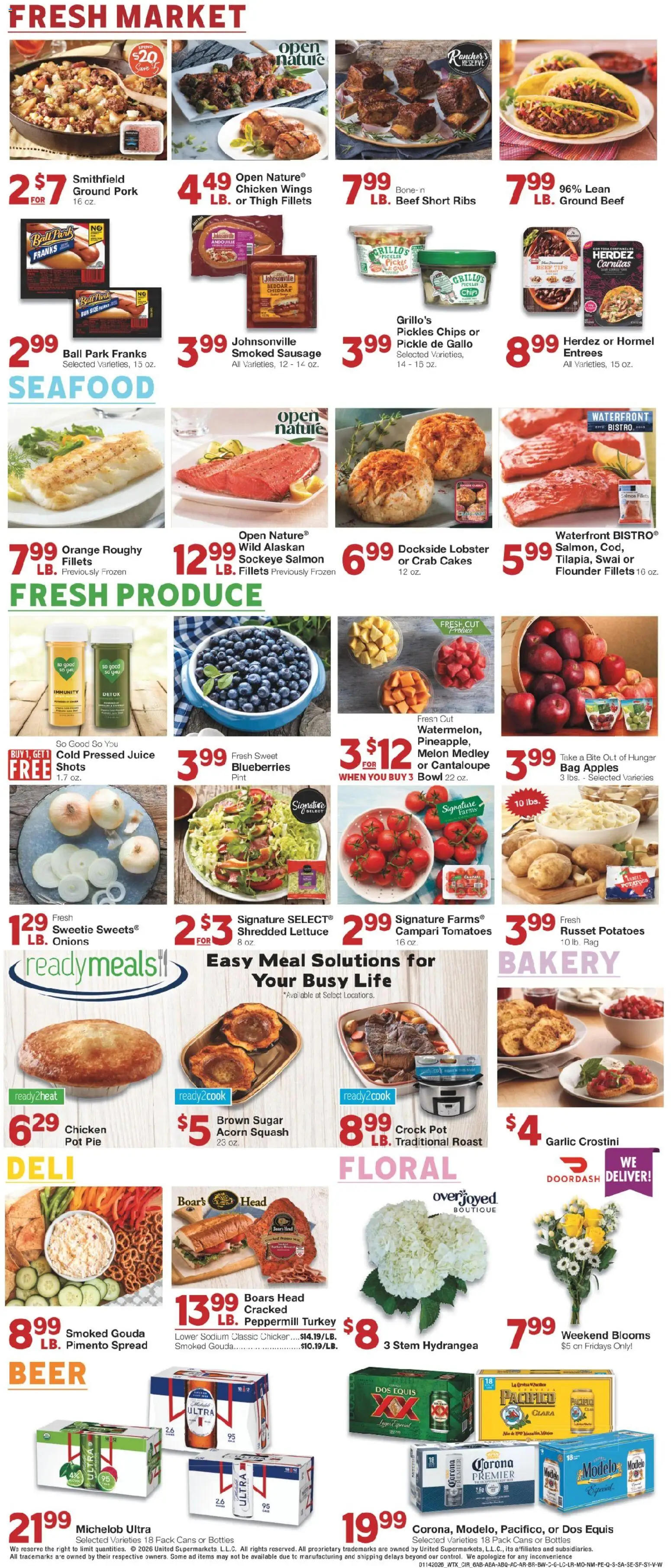 United Supermarkets Weekly Ad - valid from 13.01.2026 | Page: 6 | Products: Beer, Tomatoes, Sausage, Melon
