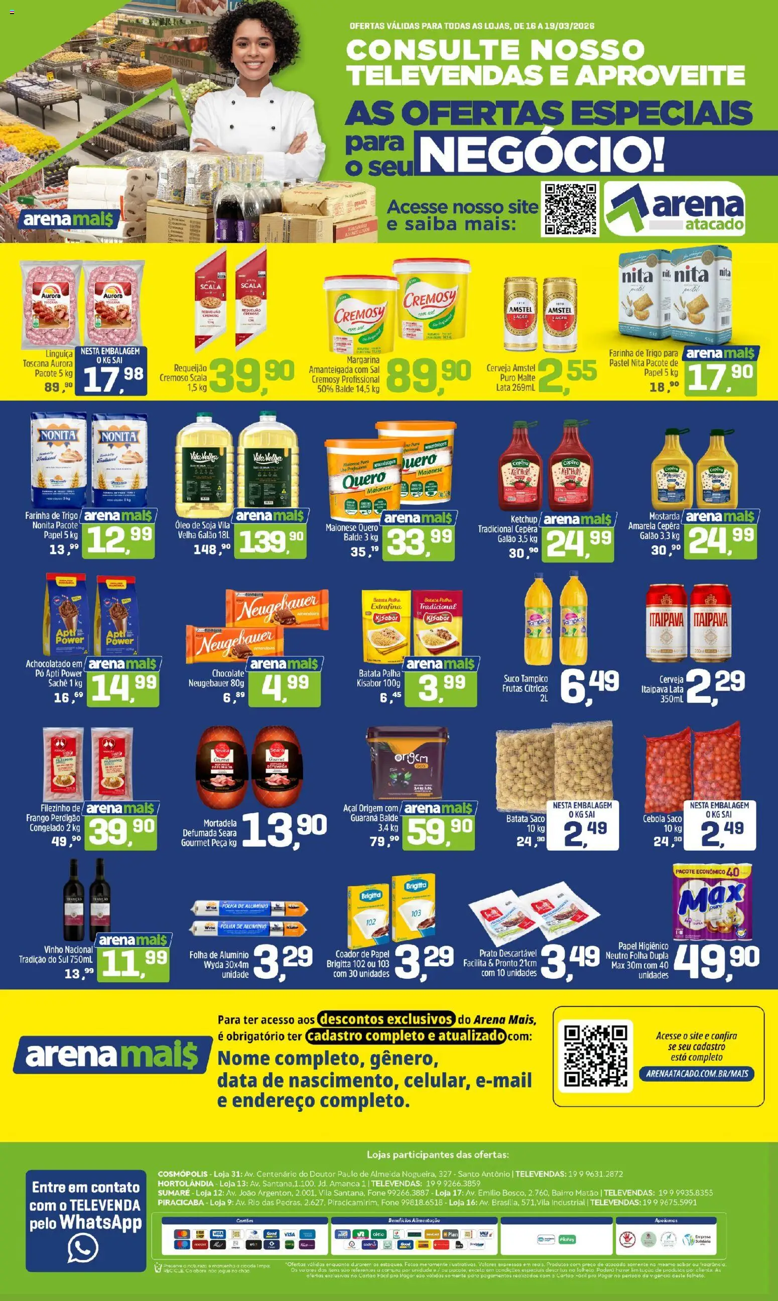 Arena Atacado Folheto - válido de 16.03.2026 | Página: 1 | Produtos: Guaraná, Farinha de trigo, Linguiça, Soja
