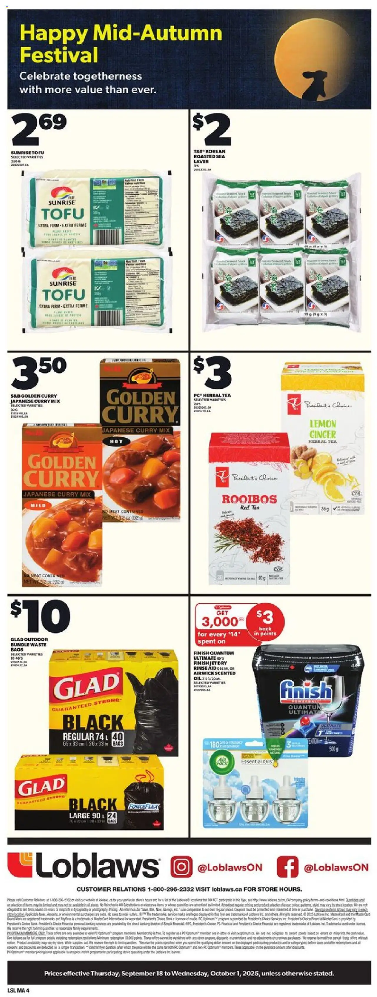 Loblaws flyer valid from 18.09.2025 | Page: 4 | Products: Tea, Watch, PC, Oil