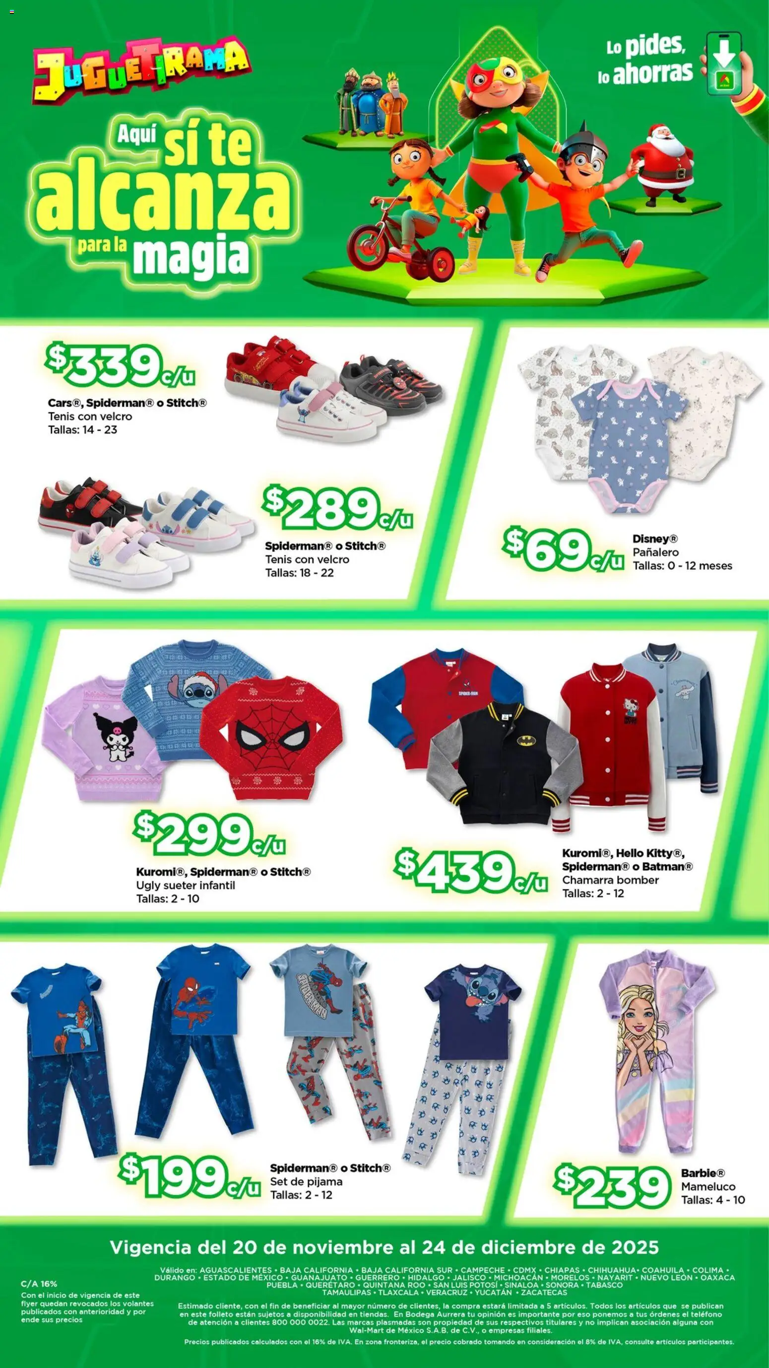 Nuevas ofertas de Bodega Aurrerá válidas en toda la República Mexicana desde el 20.11.2025. ¡Encuentra las mejores ofertas en Bodega Aurrerá folleto Juguetirama! | Página: 8 | Productos: Pijama, Tenis, Chamarra, Mameluco