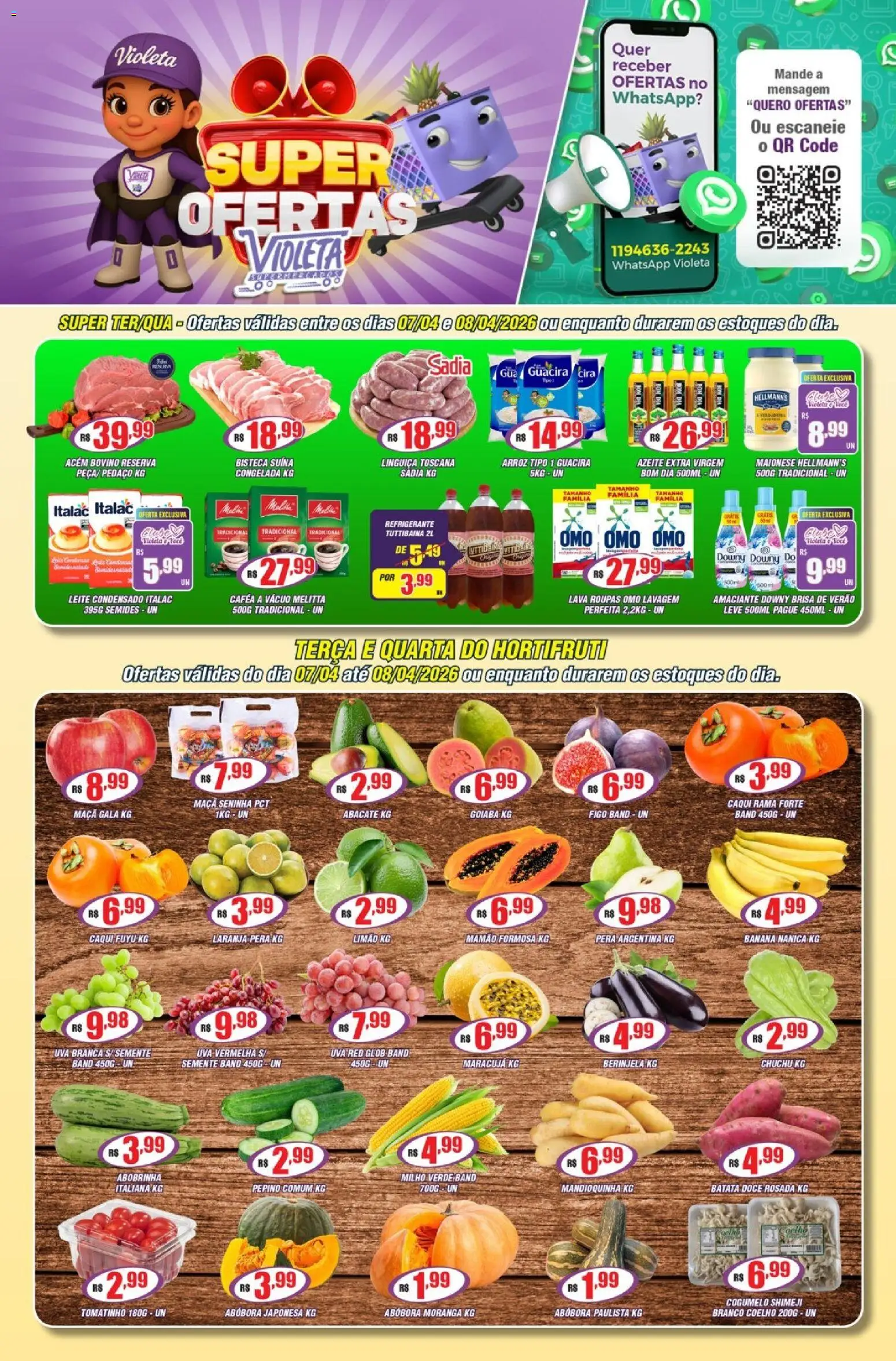 Violeta Supermercados Folheto - válido de 07.04.2026 | Página: 1 | Produtos: Abobrinha, Amaciante downy, Cogumelo, Arroz
