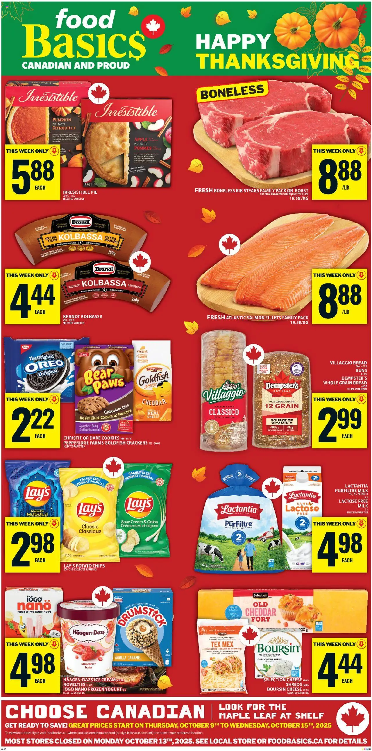 Food Basics flyer valid from 09.10.2025 | Page: 1 | Products: Sour cream, Cookies, Ice cream, Chocolate