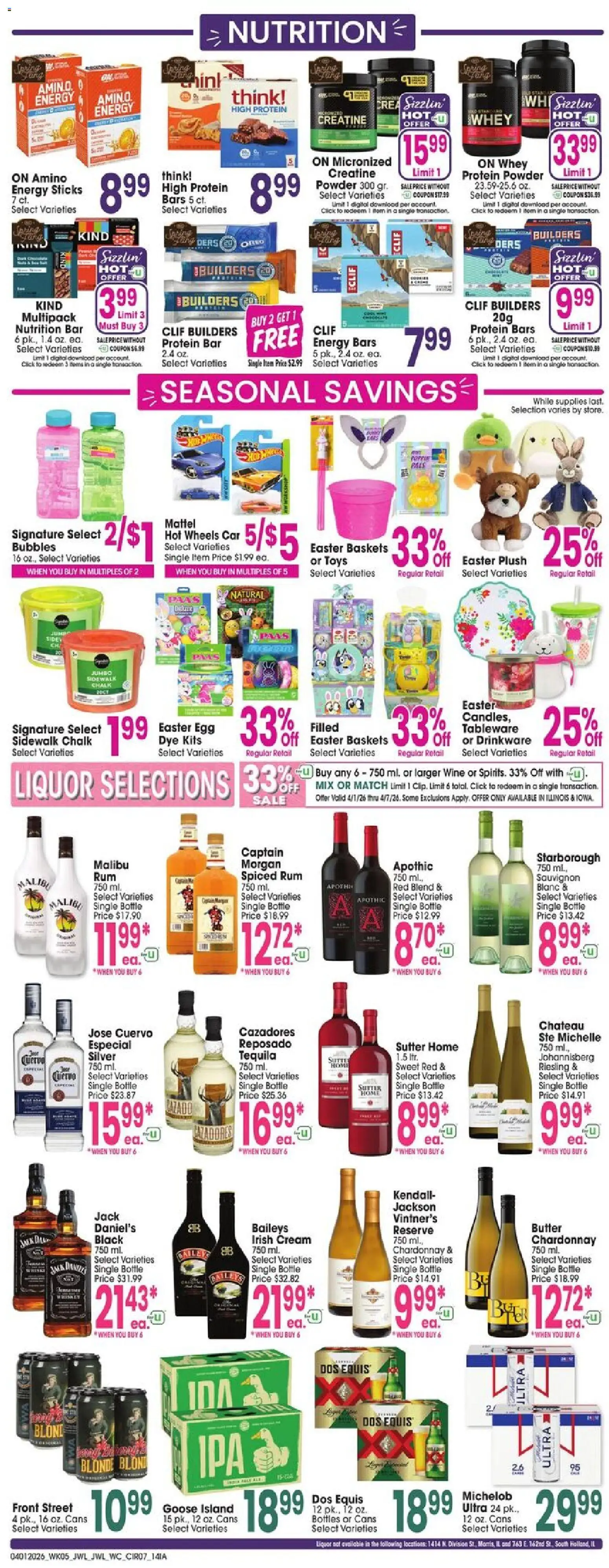 Jewel Osco Weekly Ad - IA - valid from 01.04.2026 | Page: 7 | Products: Protein Powder, Creatine, Butter, Wine