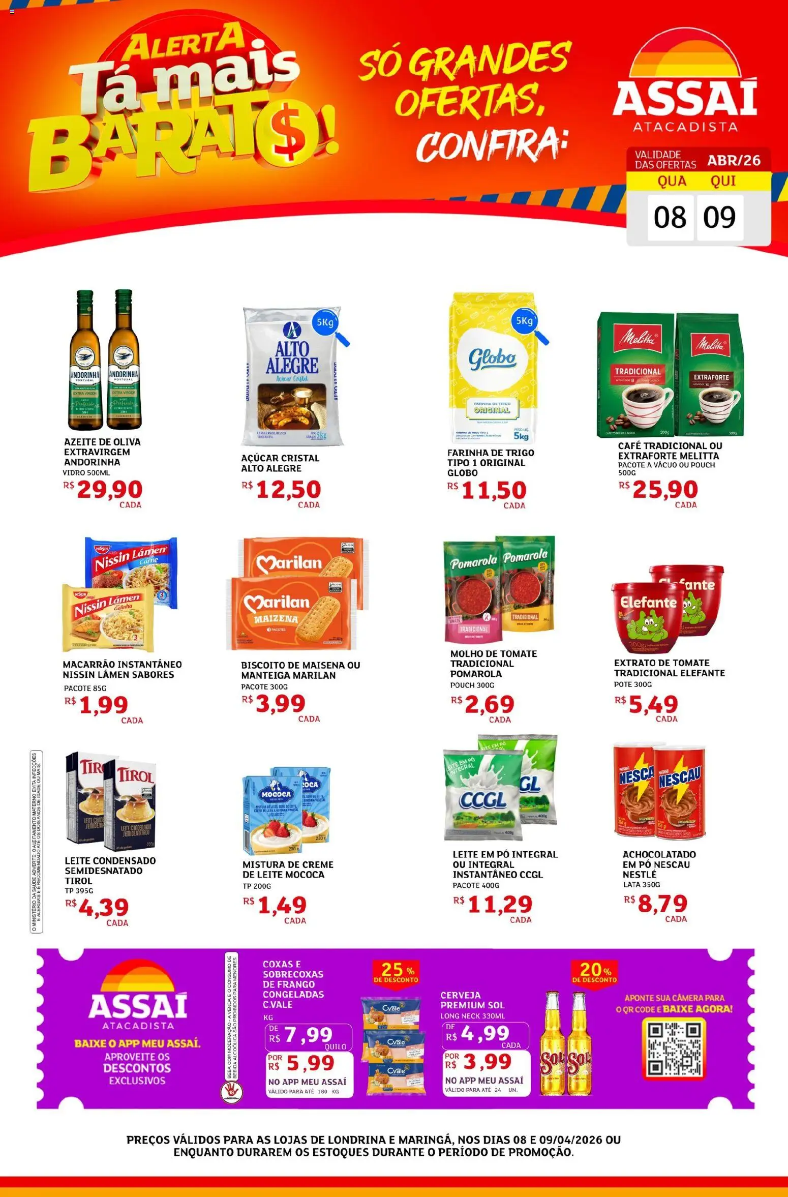 Assaí Atacadista Folheto - válido de 08.04.2026 | Página: 1 | Produtos: Macarrão, Açúcar, Macarrão instantâneo, Leite em pó
