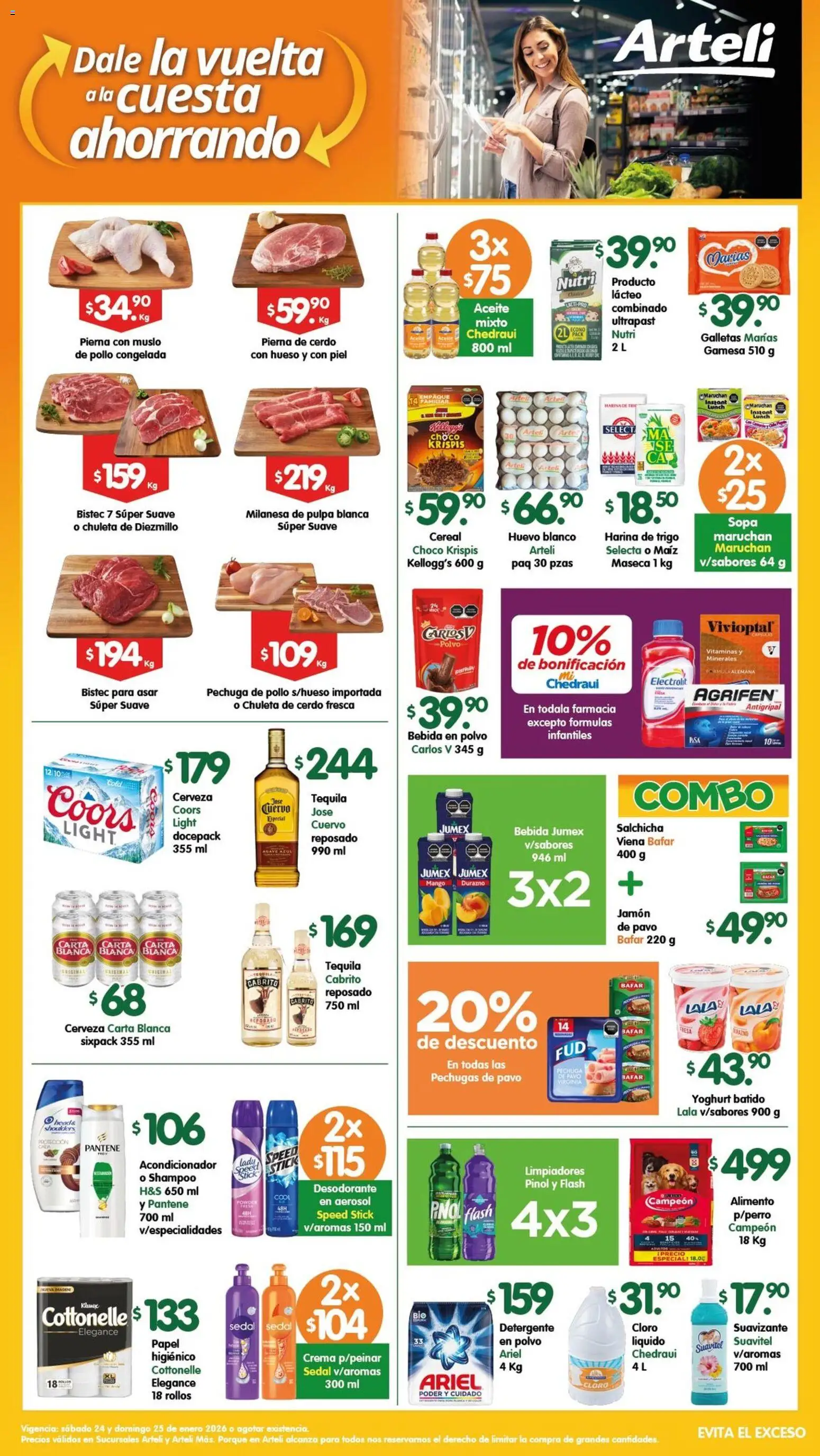 Nuevas ofertas de Arteli válidas en toda la República Mexicana desde el 24.01.2026. ¡Encuentra las mejores ofertas en Arteli folleto Tuxpan! | Página: 1 | Productos: Salchicha, Crema, Huevo, Aceite