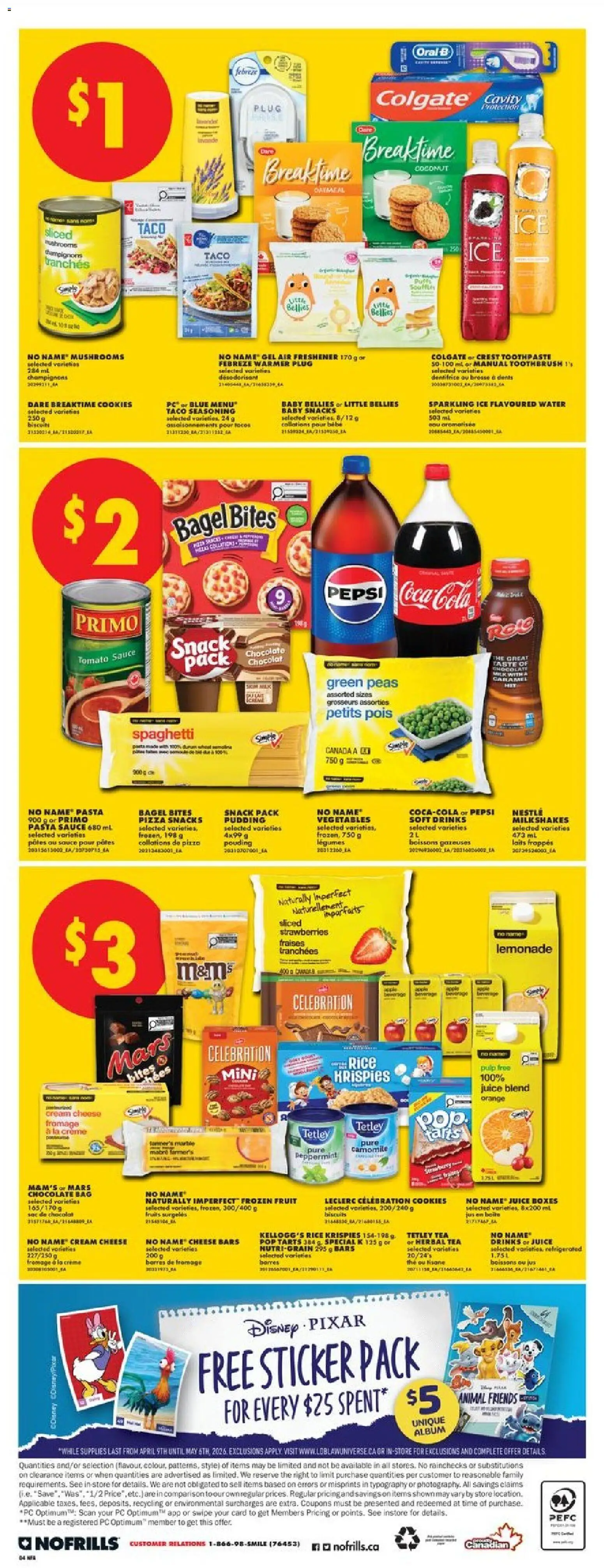 No Frills flyer valid from 09.04.2026 | Page: 4 | Products: Toothpaste, Cheese, Chocolate, Pizza