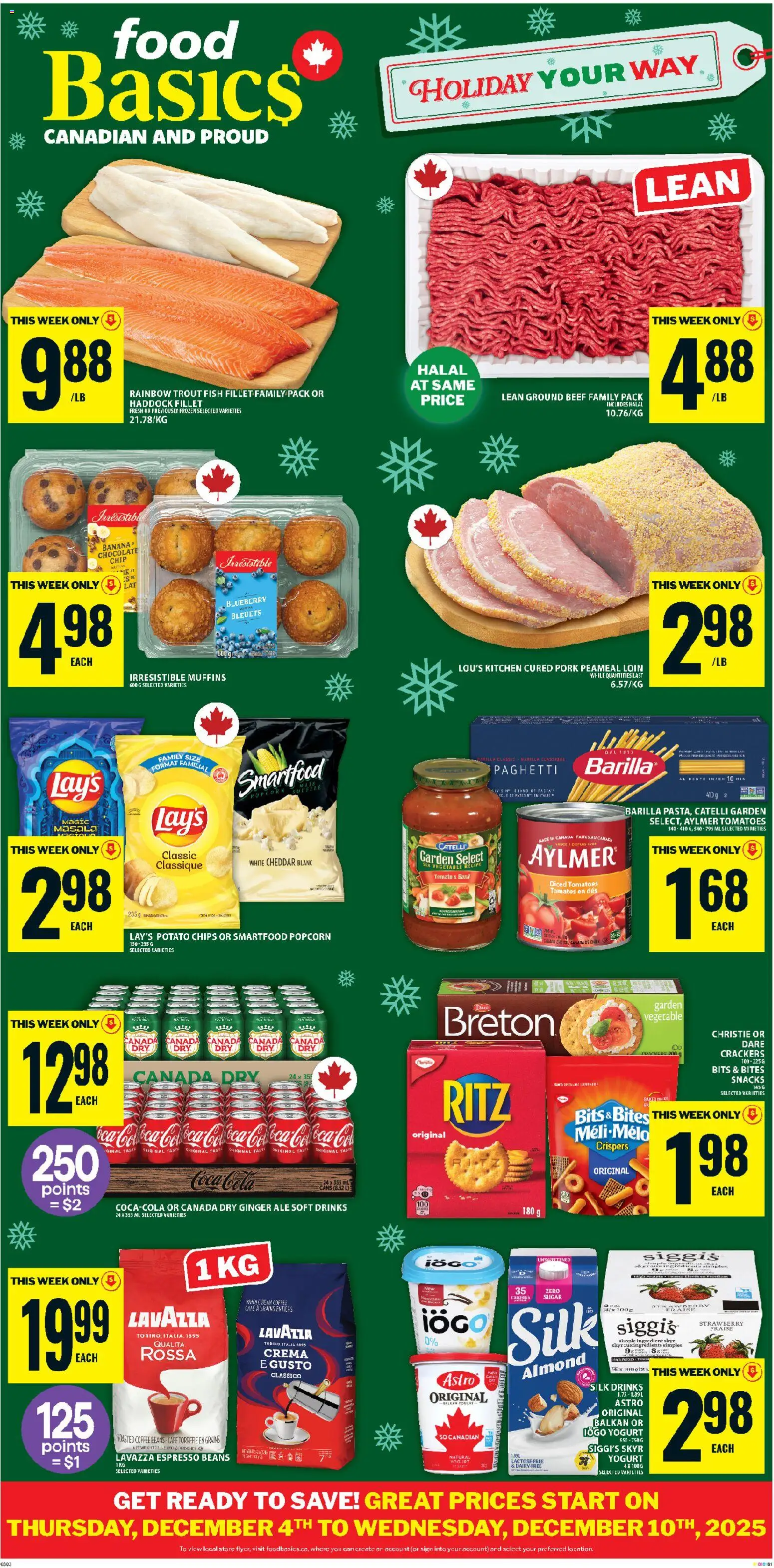 Food Basics flyer valid from 04.12.2025 | Page: 1 | Products: Yogurt, Chocolate, Pork, Tomatoes