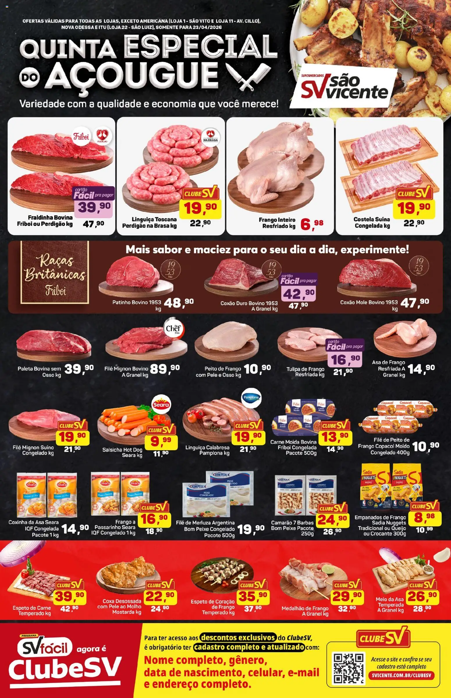 Supermercados São Vicente Folheto - válido de 23.04.2026 | Página: 1 | Produtos: Filé mignon, Fraldinha, Queijo, Peito de frango