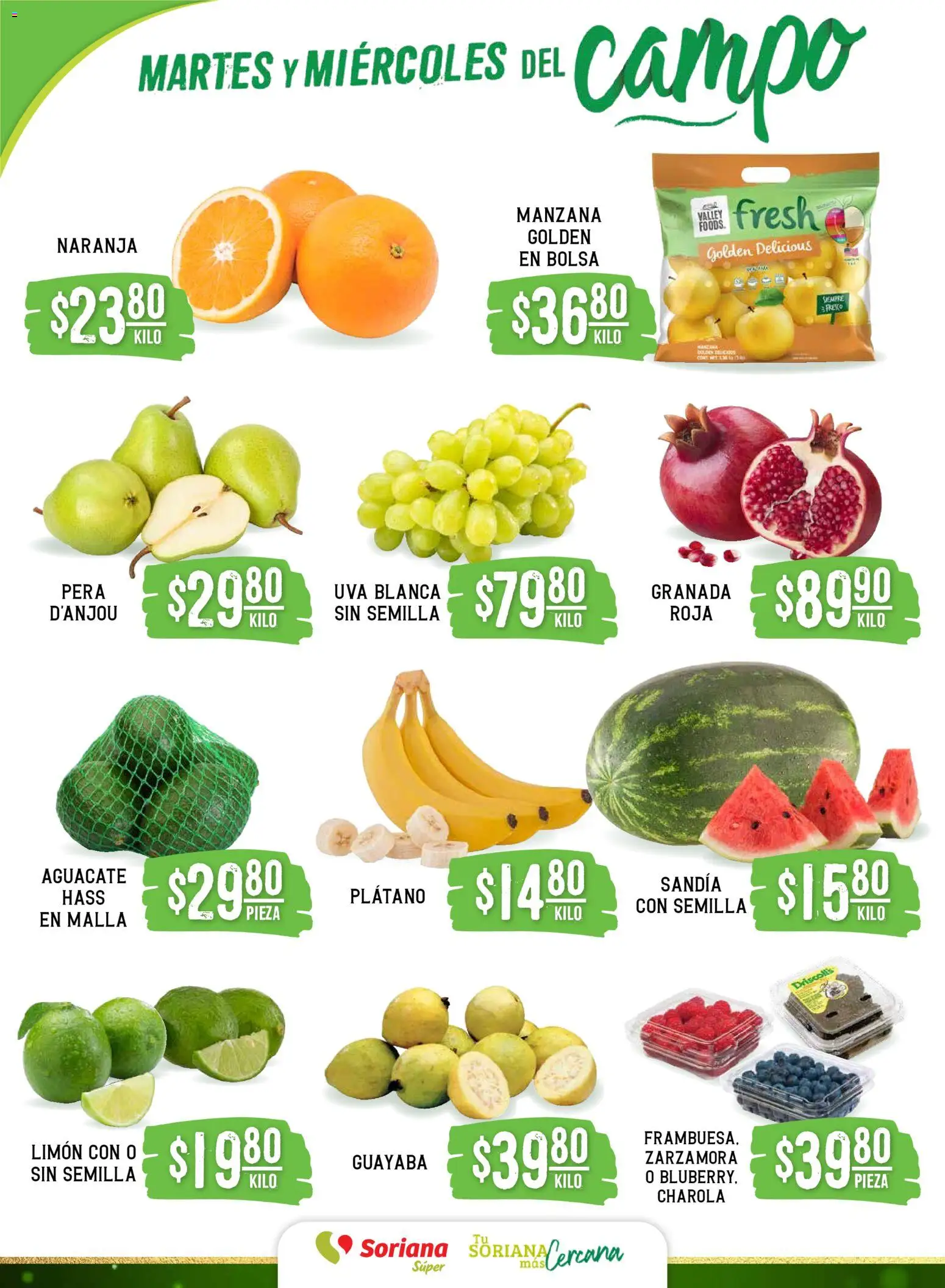 Nuevas ofertas de Soriana válidas en toda la República Mexicana desde el 25.11.2025. ¡Encuentra las mejores ofertas en Soriana - Martes y Miércoles del Campo Súper: Saltillo y Torreón! | Página: 2 | Productos: Plátano, Bolsa, Manzana, Aguacate