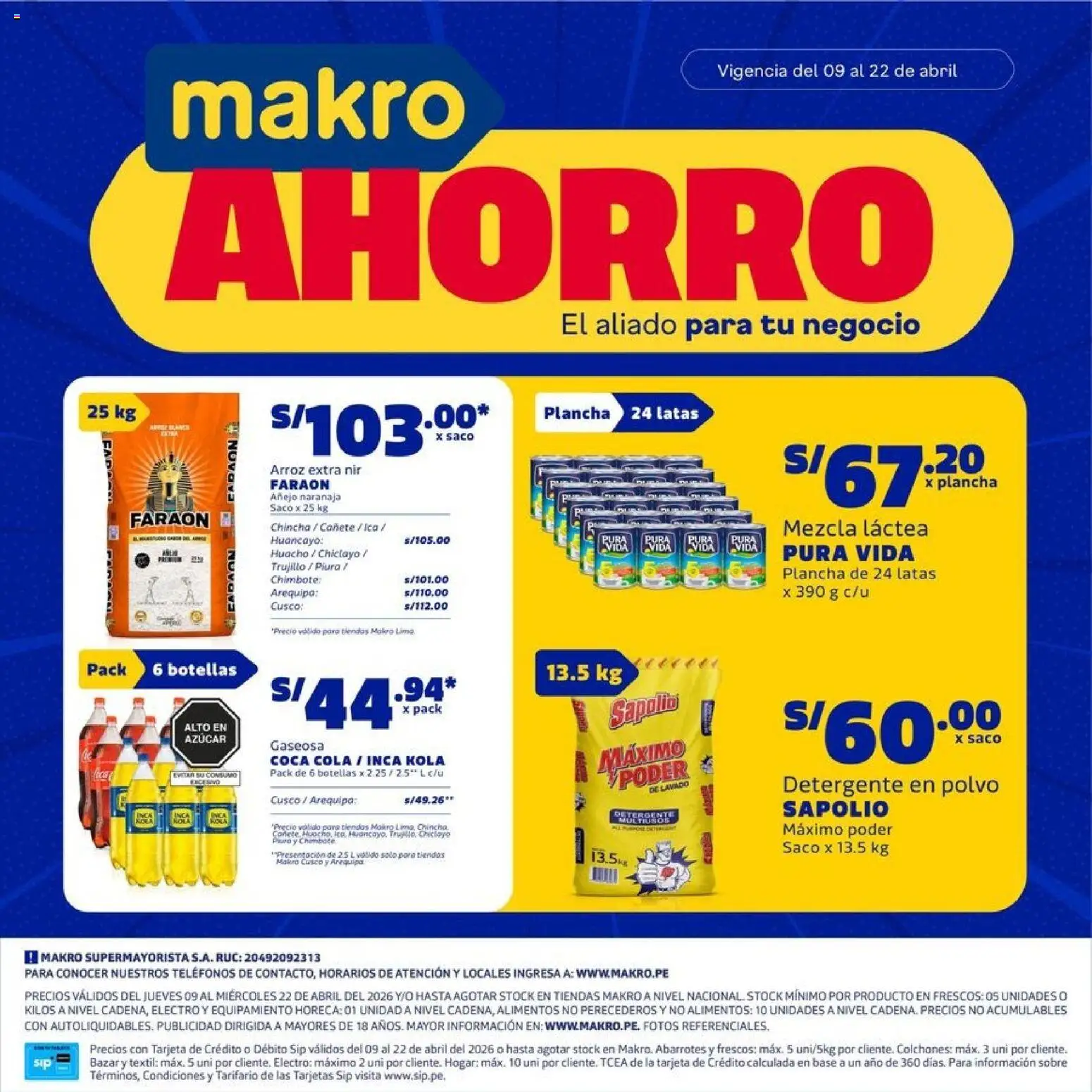 Catálogo Makro válido desde 09.04.2026 | Página: 1 | Productos: Detergente, Arroz, Saco, Polvo