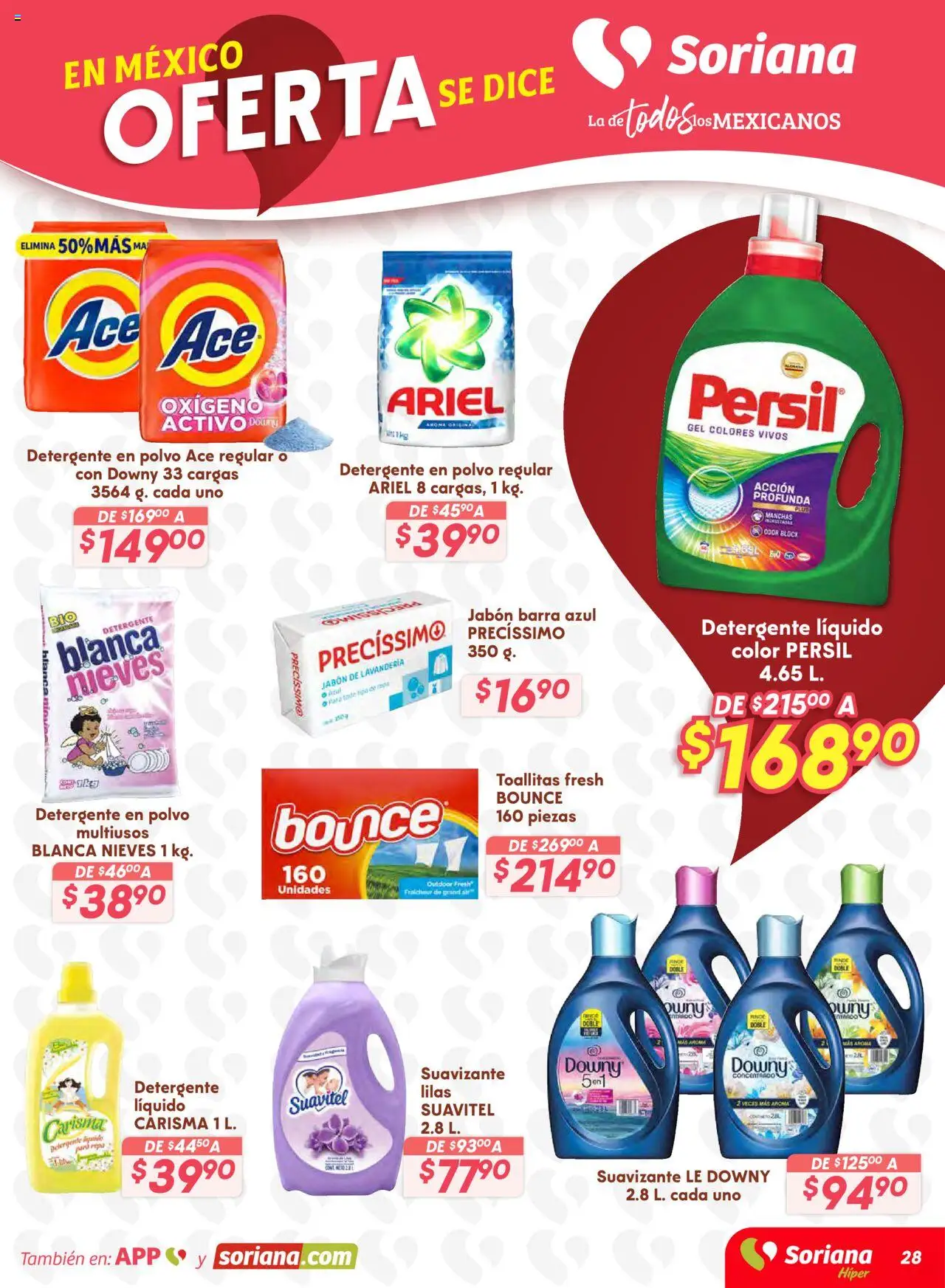 Nuevas ofertas de Soriana válidas en toda la República Mexicana desde el 16.10.2025. ¡Encuentra las mejores ofertas en Soriana - Preciazazaso Híper: BCS, Jal, Nay, Sin, Son! | Página: 28 | Productos: Suavizante, Barra, Polvo, Jabón