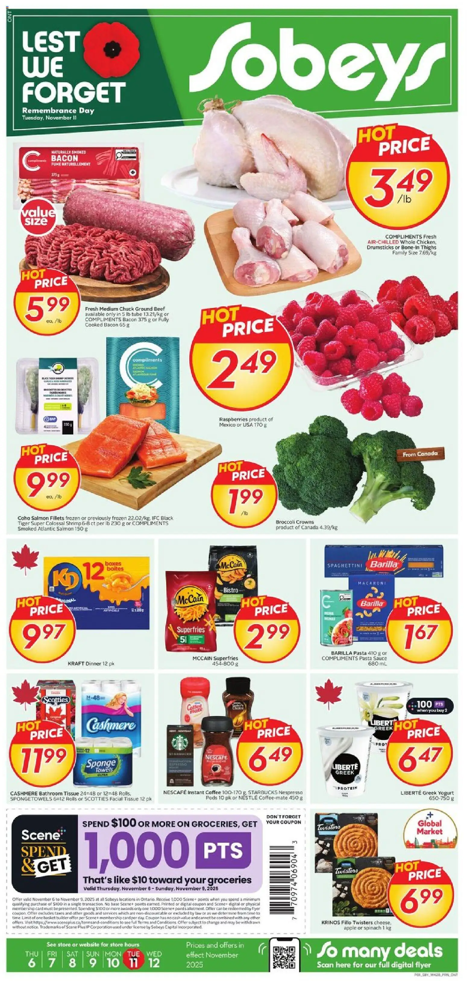 Sobeys flyer valid from 06.11.2025 | Page: 1 | Products: Pasta, Sponge, Yogurt, Coffee
