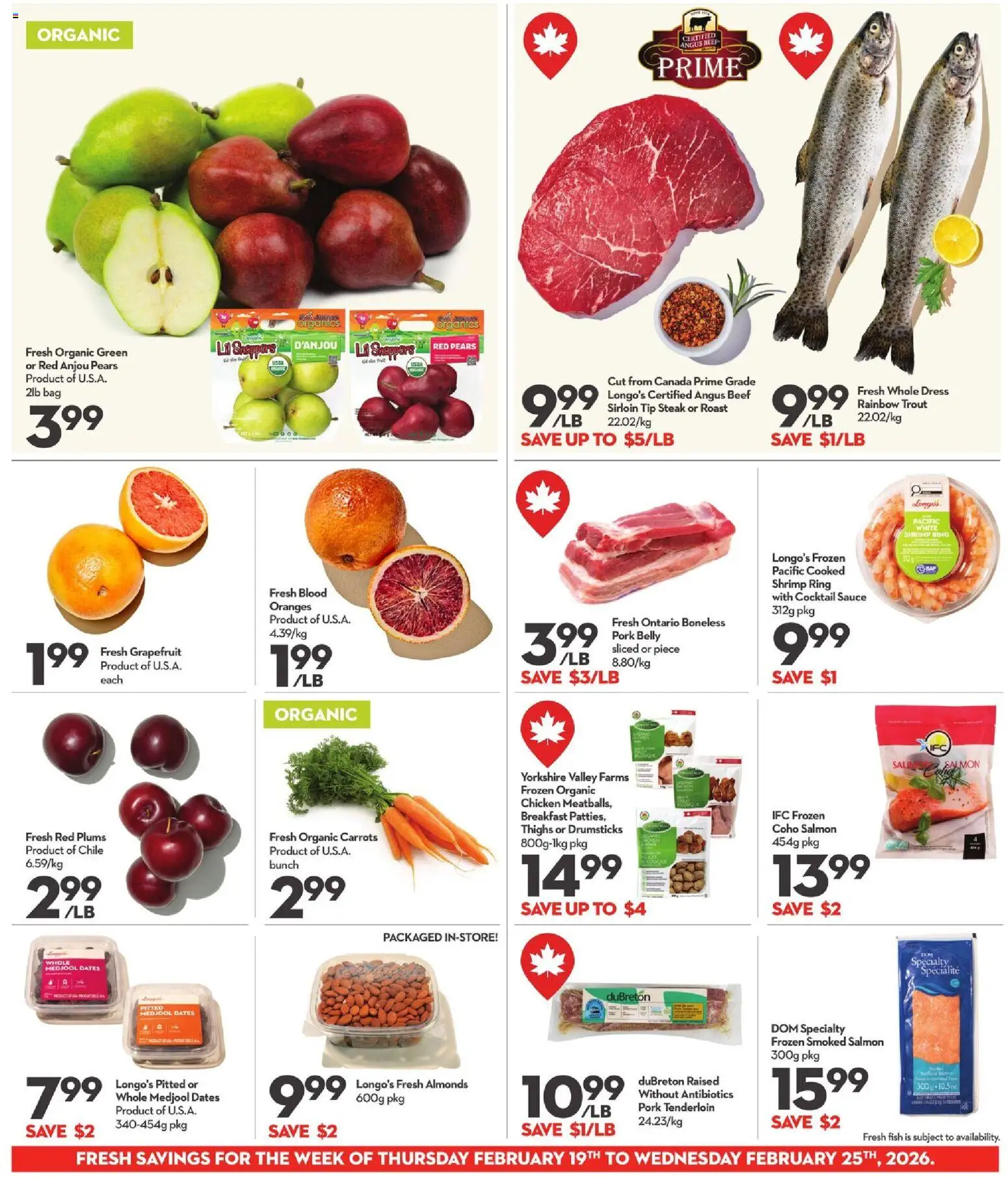 Longo's flyer valid from 19.02.2026 | Page: 9 | Products: Fish, Beef, Dress, Pork