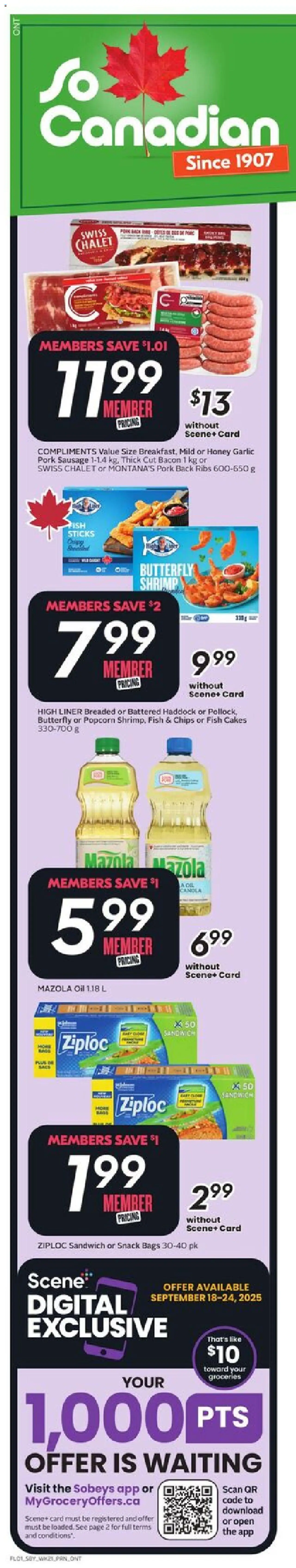 Sobeys flyer valid from 18.09.2025 | Page: 2 | Products: Fish, Chips, Oil, Pork