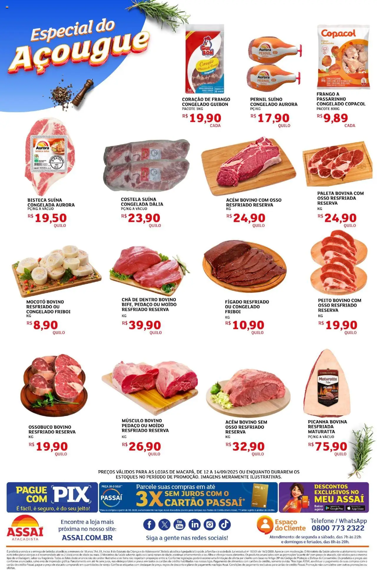 Assaí Atacadista Folheto - válido de 12.09.2025 | Página: 3 | Produtos: Acém, Picanha, Coração de frango, Chá