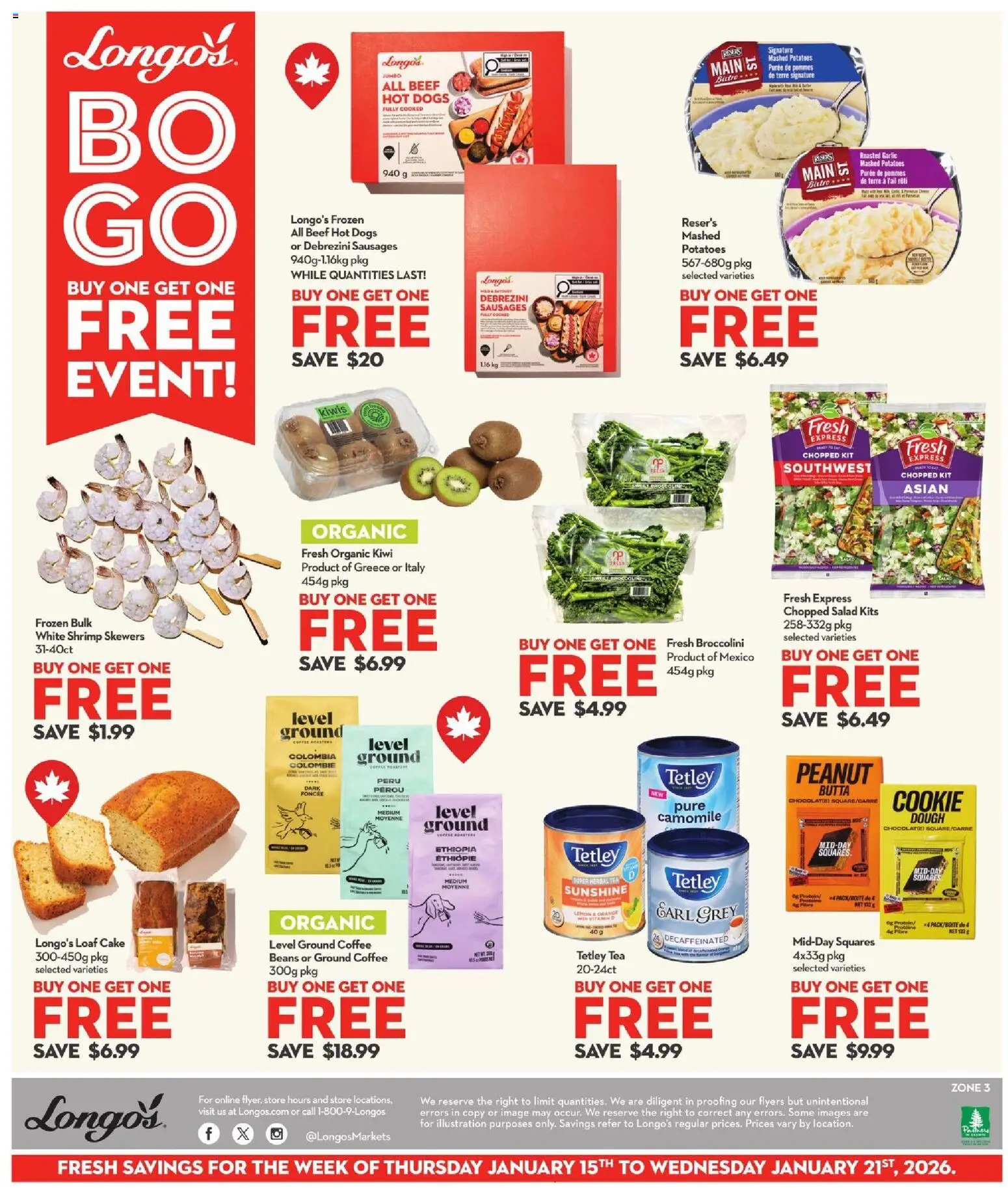 Longo's flyer valid from 15.01.2026 | Page: 3 | Products: Kiwi, Potatoes, Coffee, Chocolate