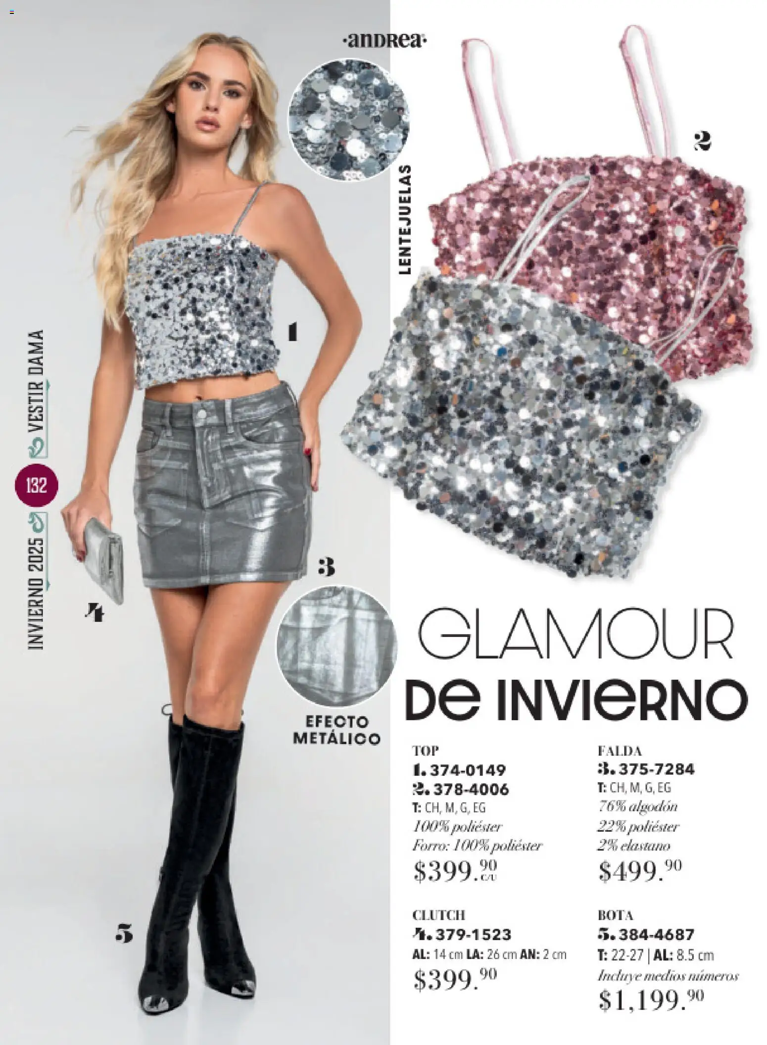 Nuevas ofertas de Andrea válidas en toda la República Mexicana desde el 26.11.2025. ¡Encuentra las mejores ofertas en Andrea catálogo Invierno! | Página: 132 | Productos: Lentejuelas, Algodón, Falda