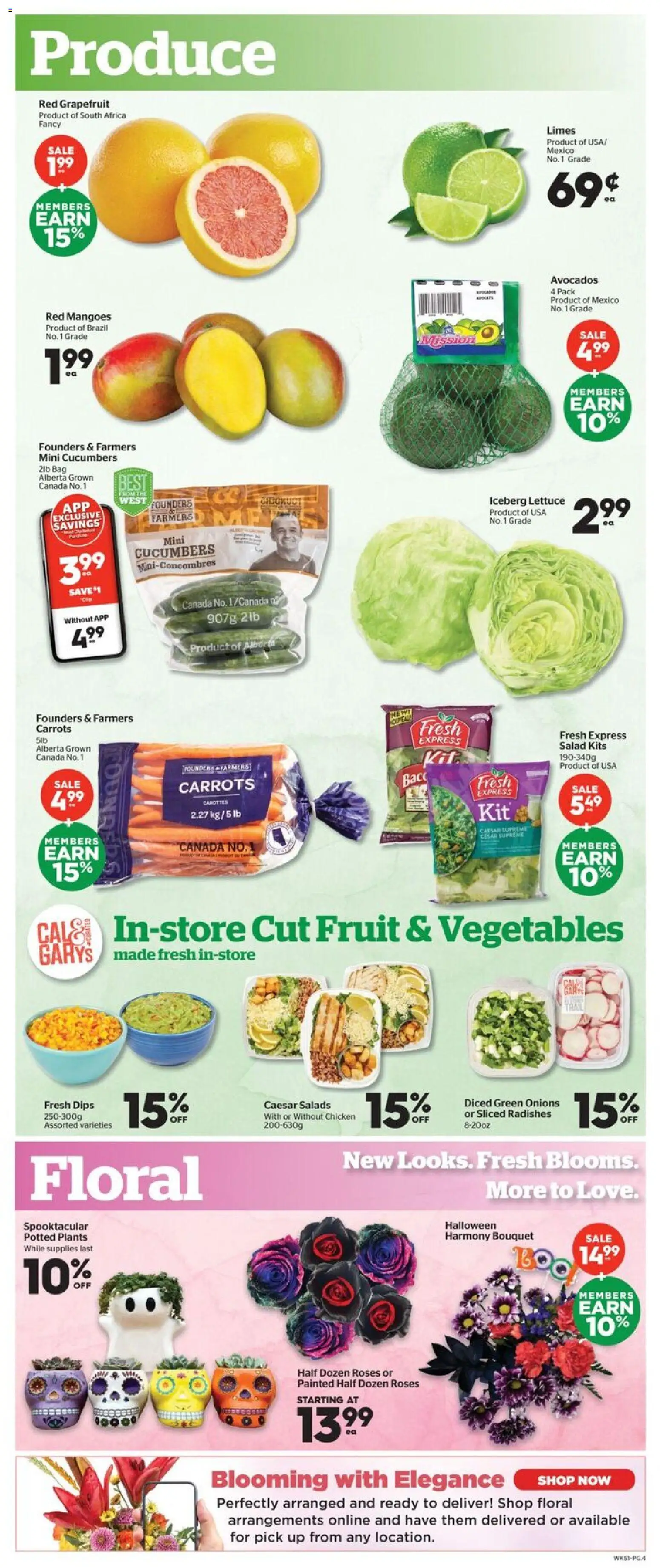 Calgary Co-op flyer valid from 23.10.2025 | Page: 4 | Products: Cucumbers, Salad, Bag, Chicken