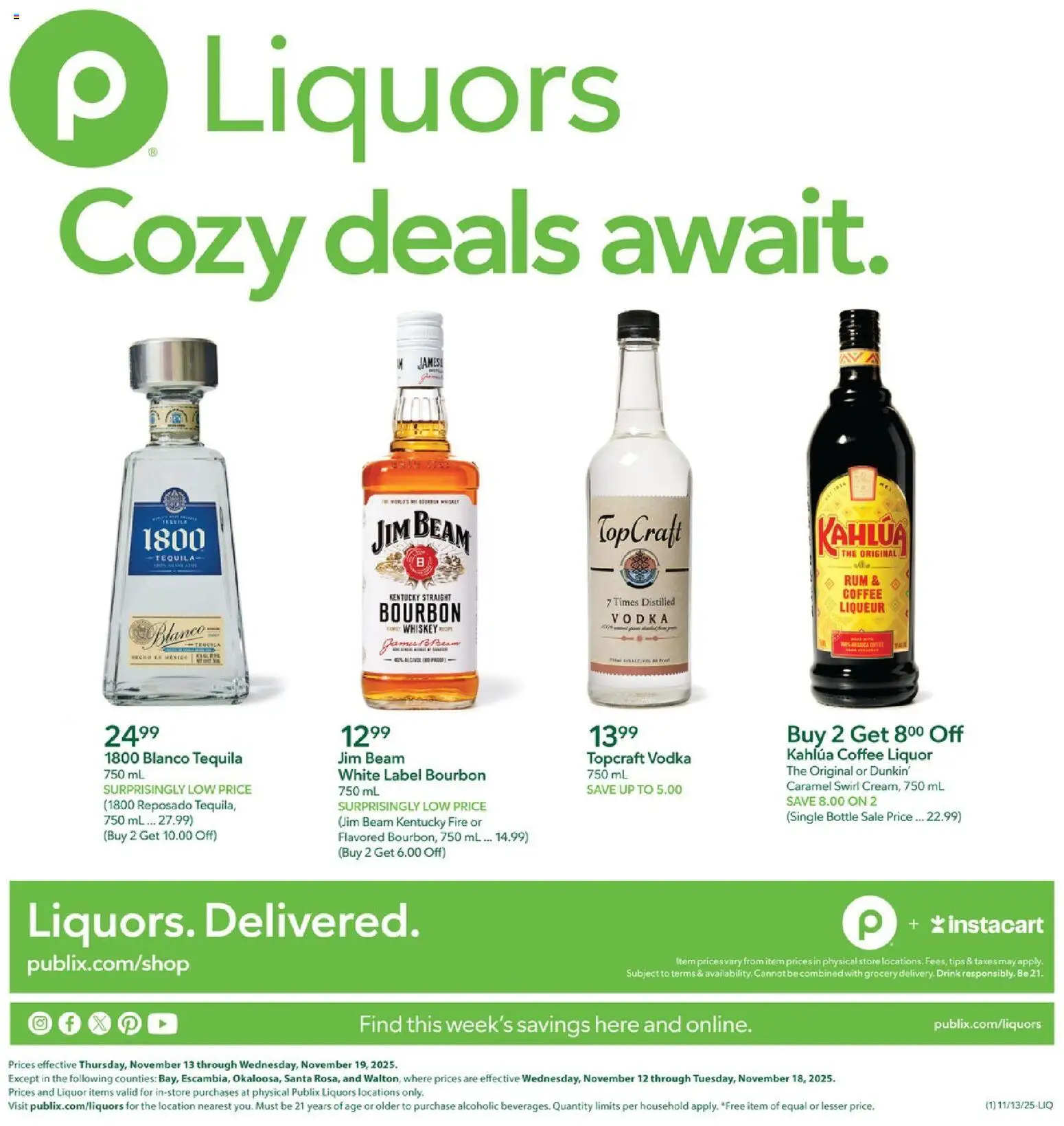 Publix Liquor - valid from 13.11.2025 | Page: 1 | Products: Coffee, Bourbon, Vodka, Whiskey