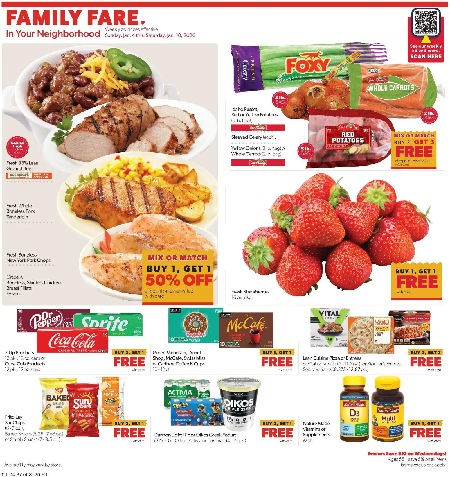 Family Fare Weekly Ad - NE - valid from 04.01.2026 | Page: 1 | Products: Coffee, Pizza, Pepper, Bag