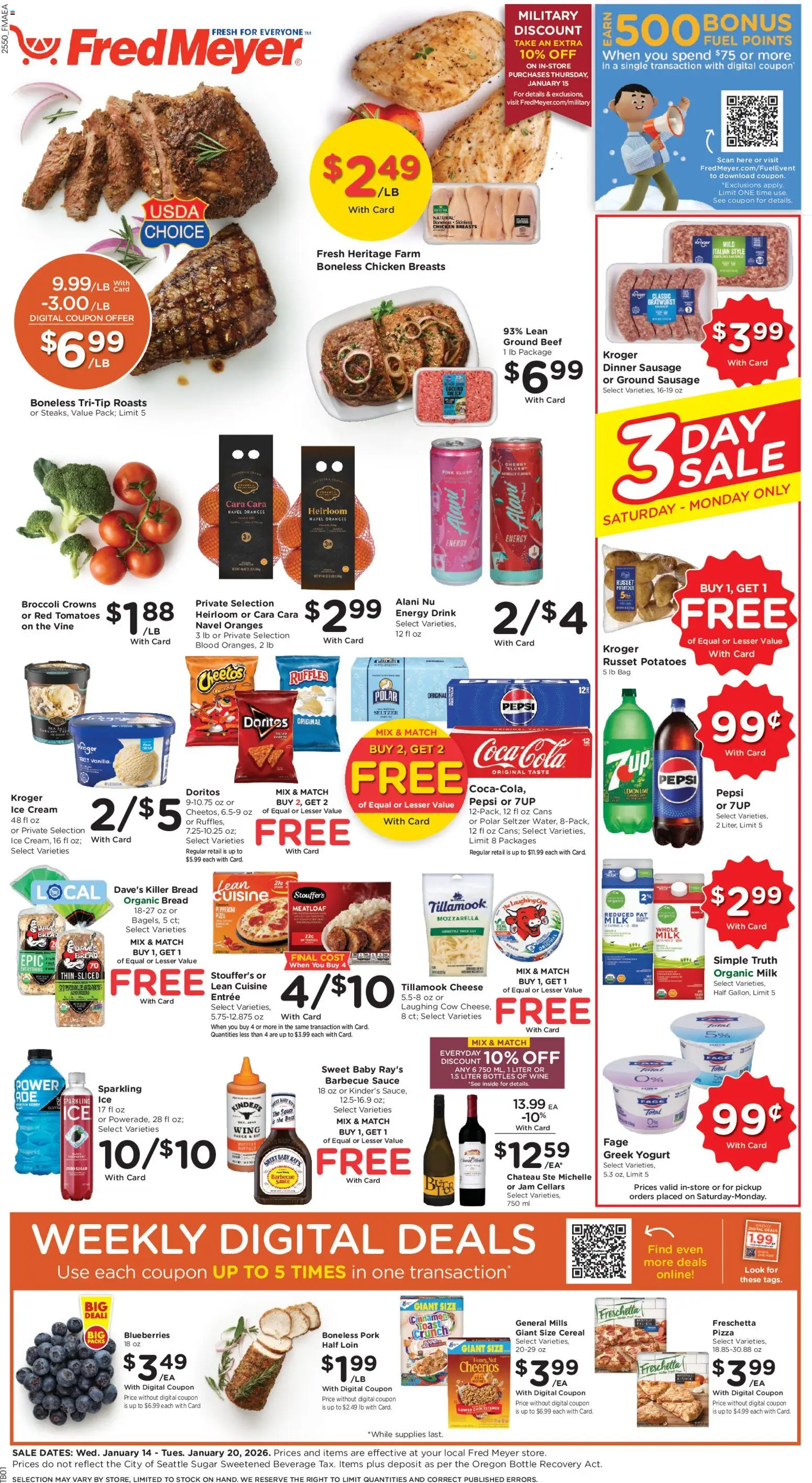 Fred Meyer Weekly Ad - valid from 14.01.2026 | Page: 1 | Products: Yogurt, Wine, Pork, Blueberries