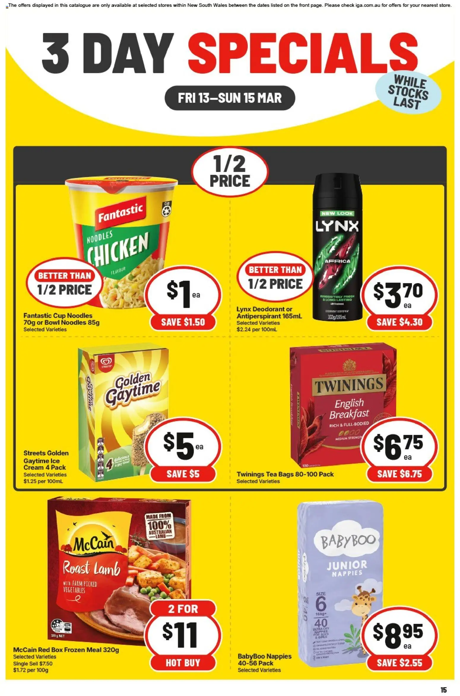 IGA catalogue - valid from 13.03.2026 | Page: 3 | Products: Noodles, Nappies, Cream, Vegetables