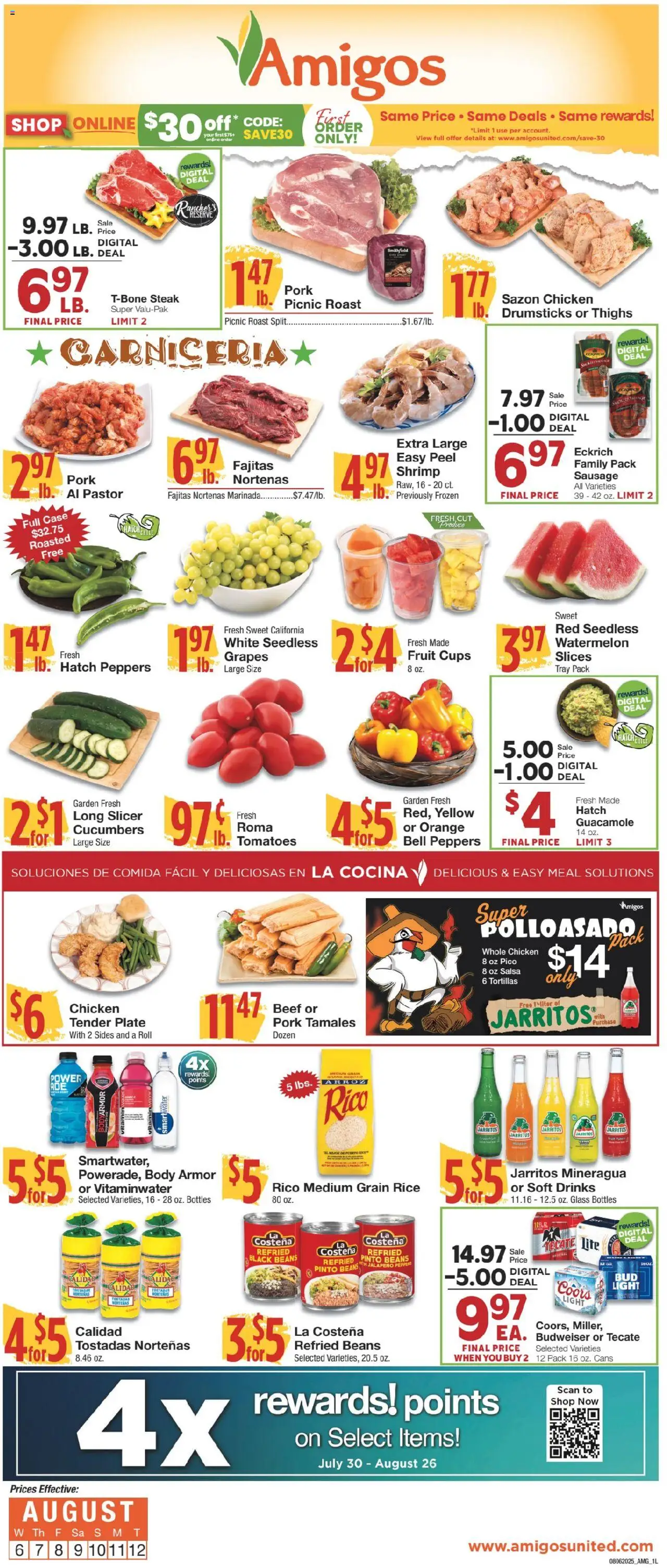 United Supermarkets Ad - valid from 05.08.2025 | Page: 1 | Products: Jalapeno peppers, Tomatoes, Rice, Case