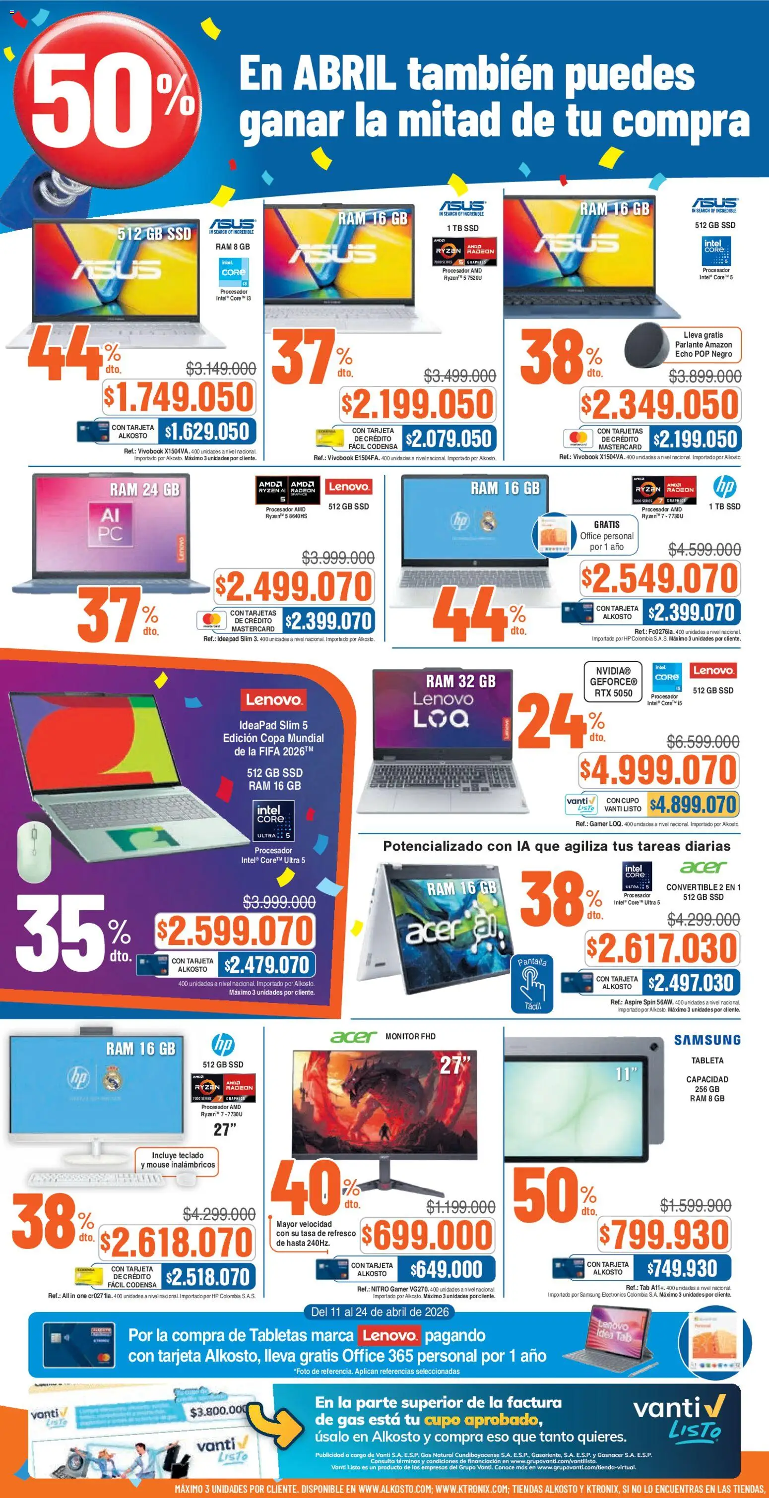 Alkosto revista - valida desde el 11.04.2026 | Página: 8 | Productos: Tableta, Monitor, Teclado, Parlante