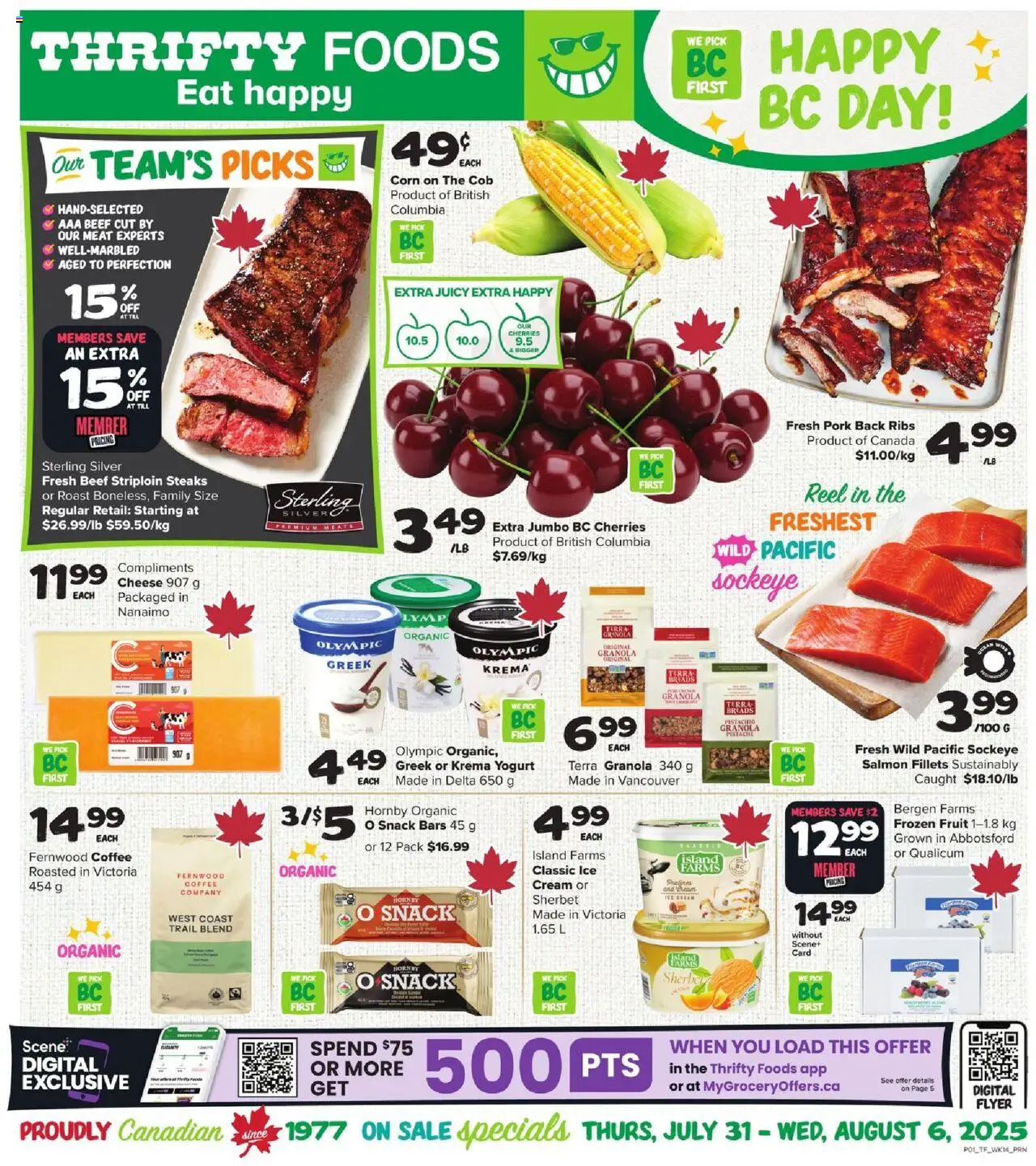 Thrifty Foods flyer valid from 31.07.2025 | Page: 1 | Products: Beef, Cream, Cheese, Pork