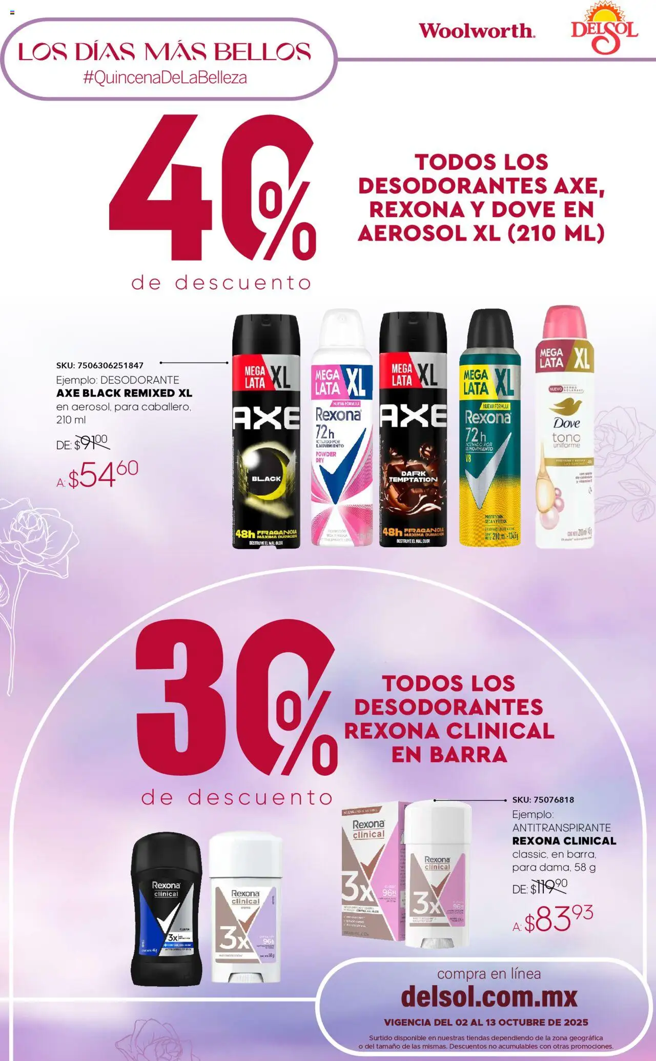 Nuevas ofertas de Del Sol y Woolworth válidas en toda la República Mexicana desde el 02.10.2025. ¡Encuentra las mejores ofertas en Del Sol y Woolworth - Catálogo Quincena de la Belleza Octubre! | Página: 14 | Productos: Desodorante, Antitranspirante, Crema, Fragancia