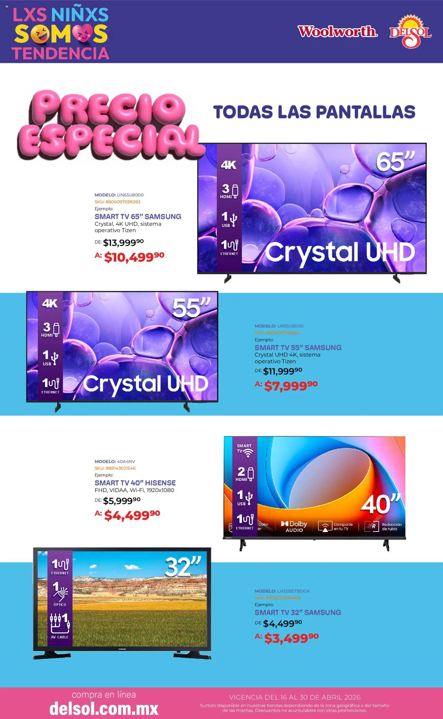 Nuevas ofertas de Del Sol y Woolworth válidas en toda la República Mexicana desde el 16.04.2026. ¡Encuentra las mejores ofertas en Del Sol y Woolworth katalog Día del Niño 2026! | Página: 17 | Productos: Usb, Pantallas, Audio, Cable