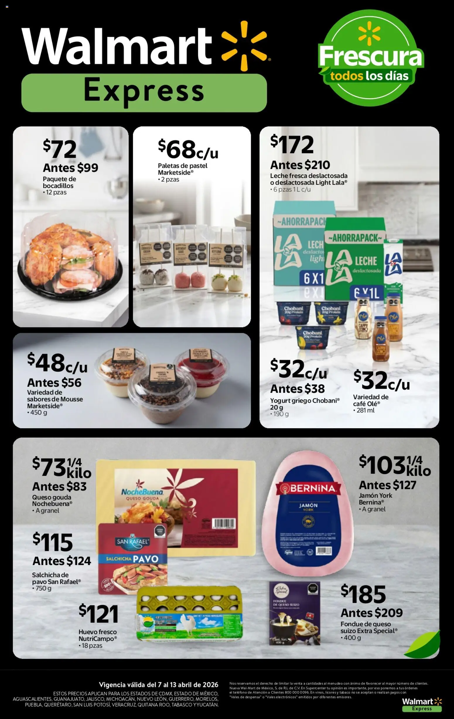 Nuevas ofertas de Walmart Express válidas en toda la República Mexicana desde el 07.04.2026. ¡Encuentra las mejores ofertas en Walmart Express folleto Calidad a precios bajos! | Página: 4 | Productos: Salchicha, Pastel, Café, Teléfono